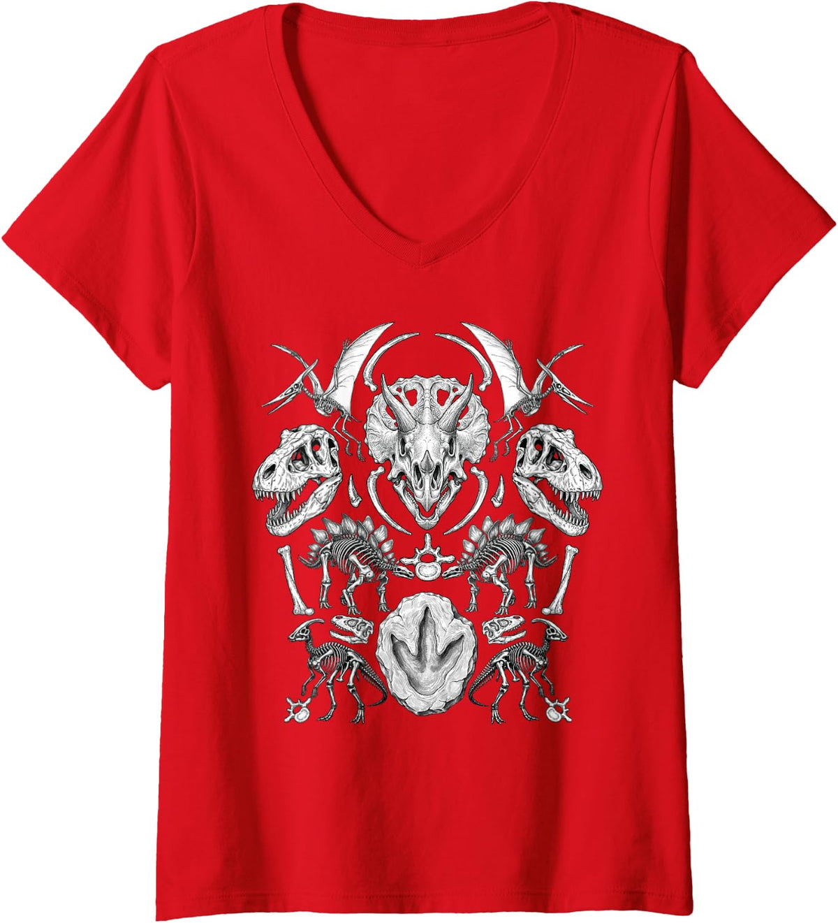 Women's Dinousar Skeleton Fossil Art Paleontology Prehistoric Dino V-Neck T-Shirt - Red