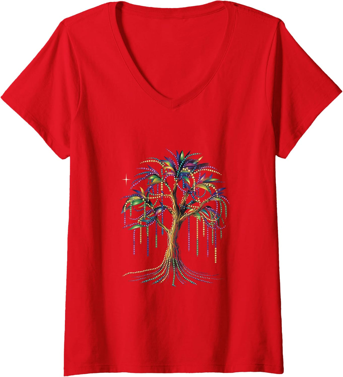 Women's Mardi Gras Tree Mardi Gras Beads Carnival Street Parade V-Neck T-Shirt - Red