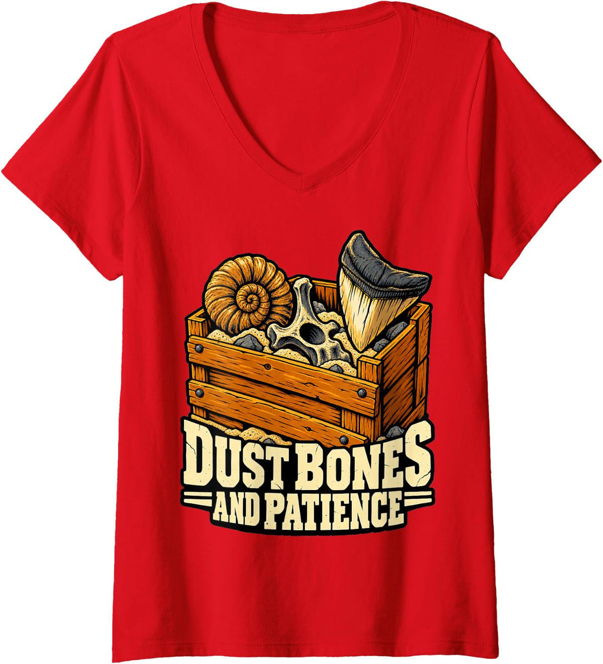 Women's Paleontology Dust Bones and Patience Hunter Crate Fans V-Neck T-Shirt - Red