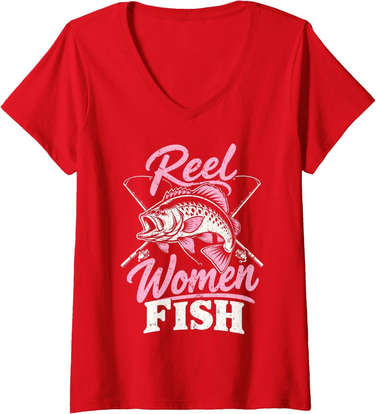 Women's Reel Women Fish Funny Fisherwoman Fishing Angler Bass Fish V-Neck T-Shirt - Red