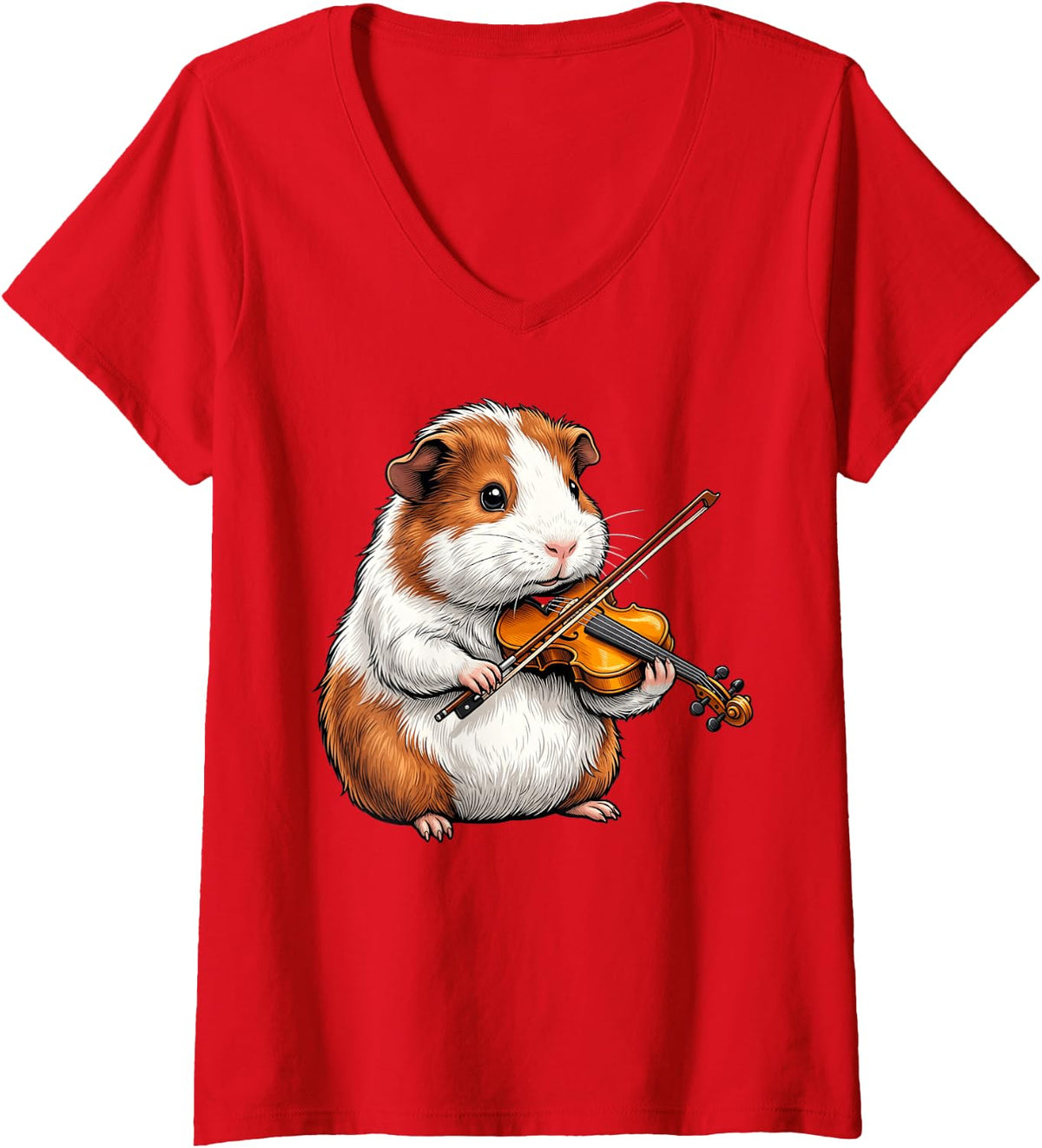 Women's Cute Guinea Pig Playing Violin Funny Violinist Music Lover V-Neck T-Shirt - Red