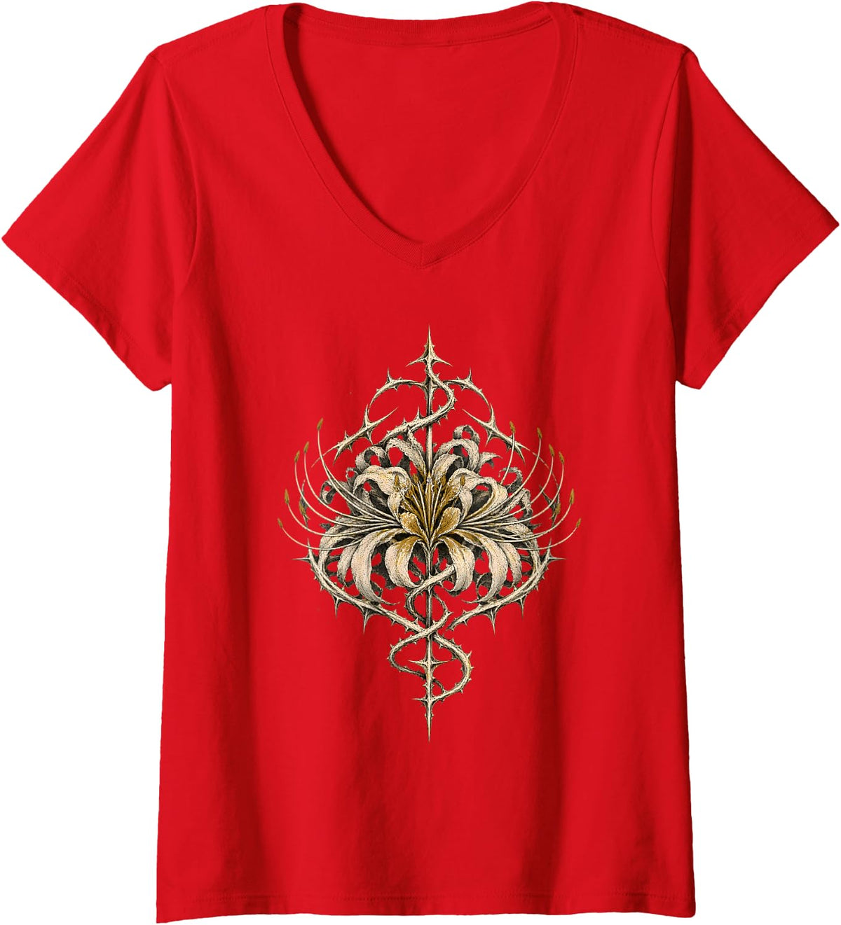 Women's Cyber Goth Clothing Spider Lily Sigil Grunge Alt V-Neck T-Shirt - Red