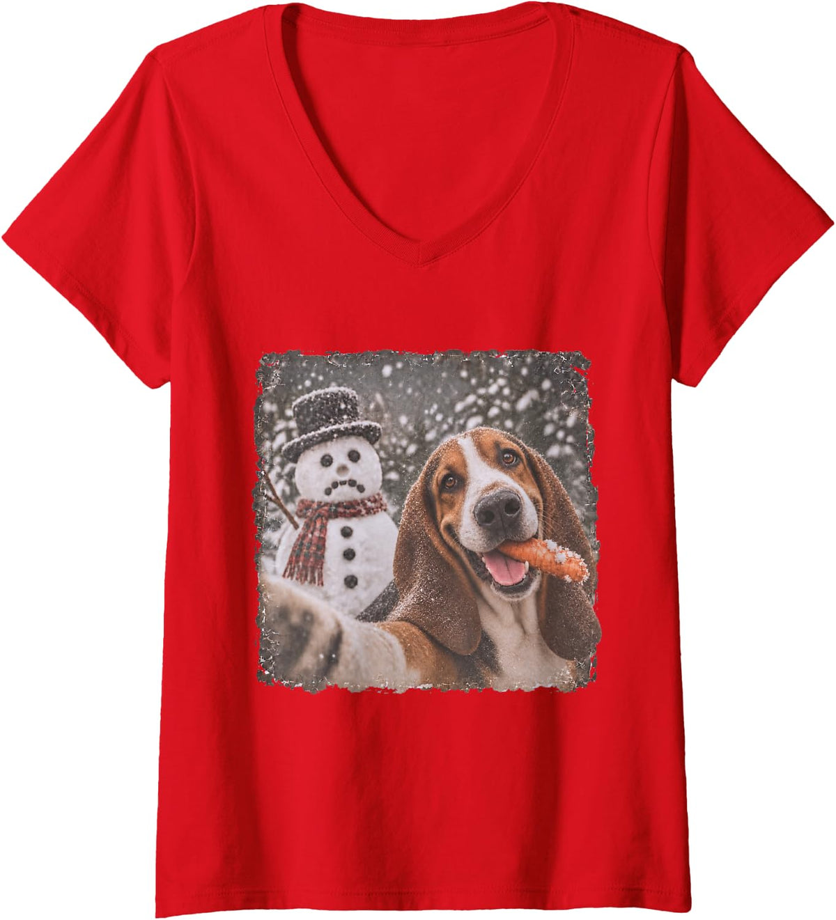 Women's Basset Hound Christmas Selfie Stole the Snowman’s Nose V-Neck T-Shirt - Red