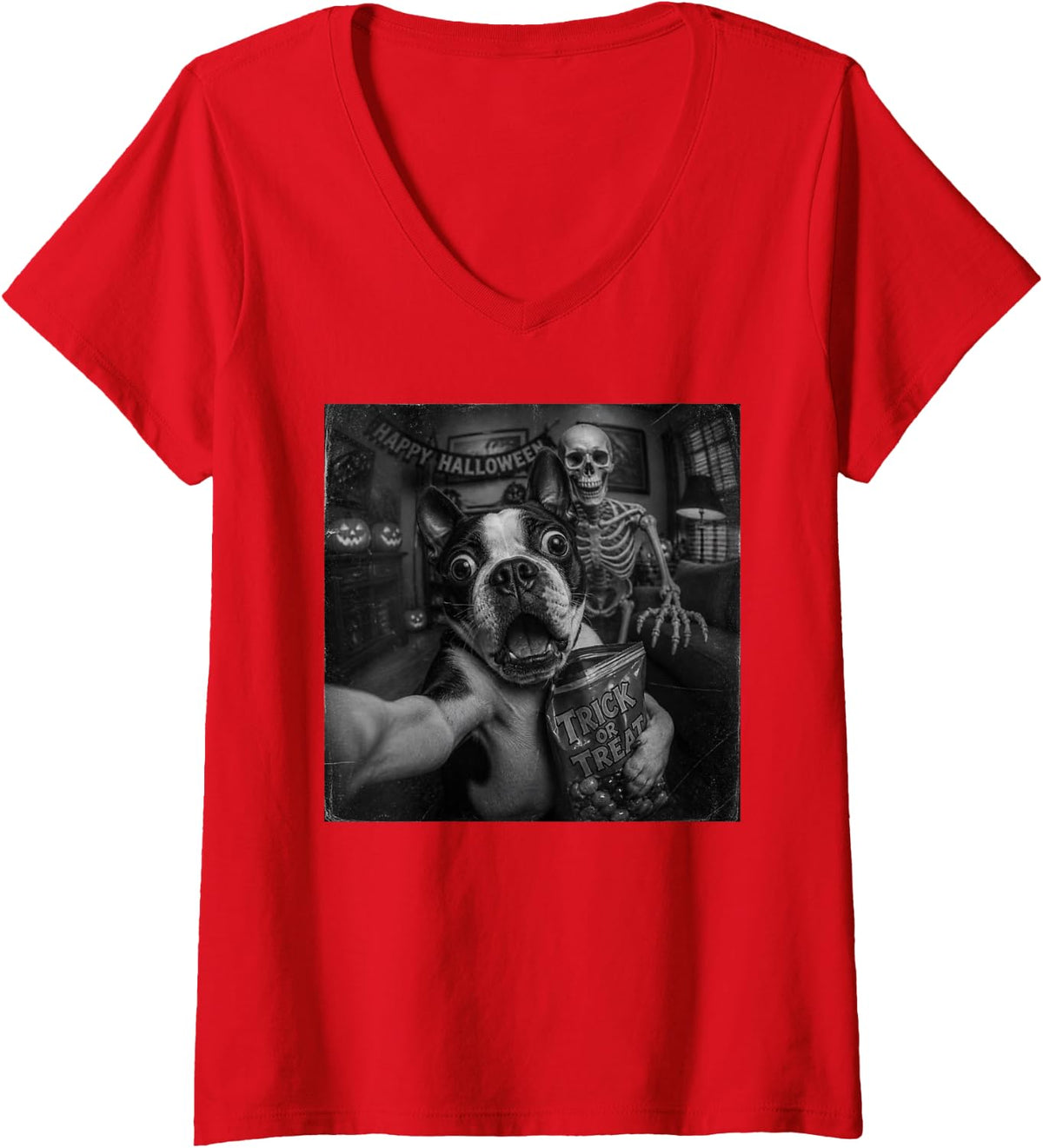 Women's Funny Halloween Boston Terrier V-Neck T-Shirt - Red