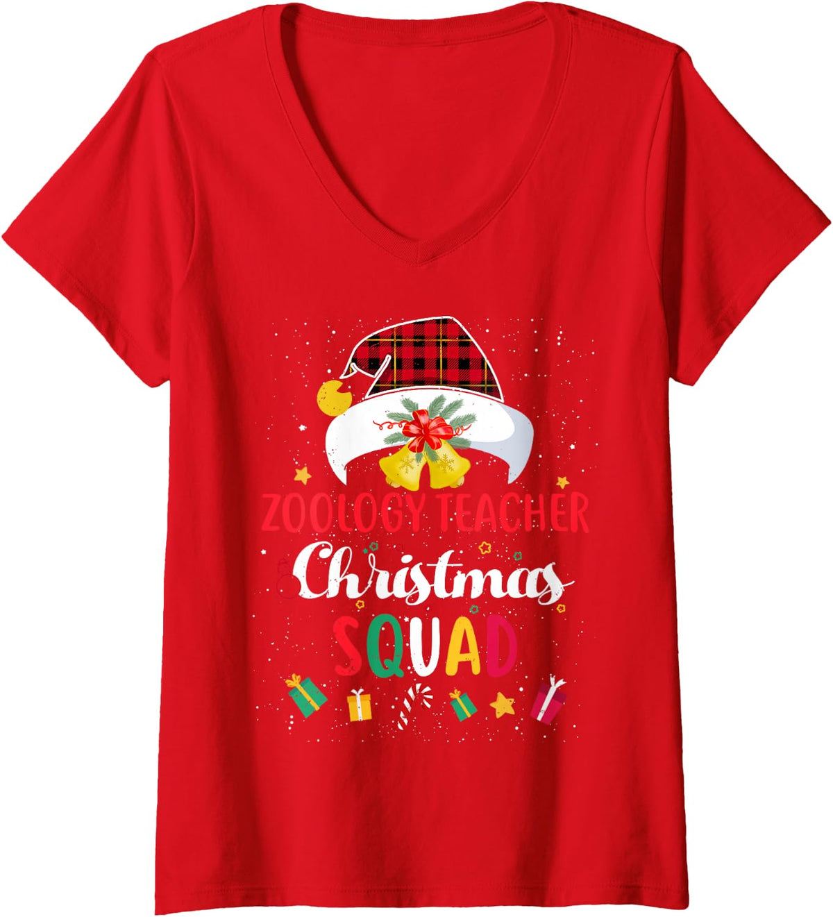 Women's Zoology Teacher Christmas Squad Santa Hat Match V-Neck T-Shirt - Red