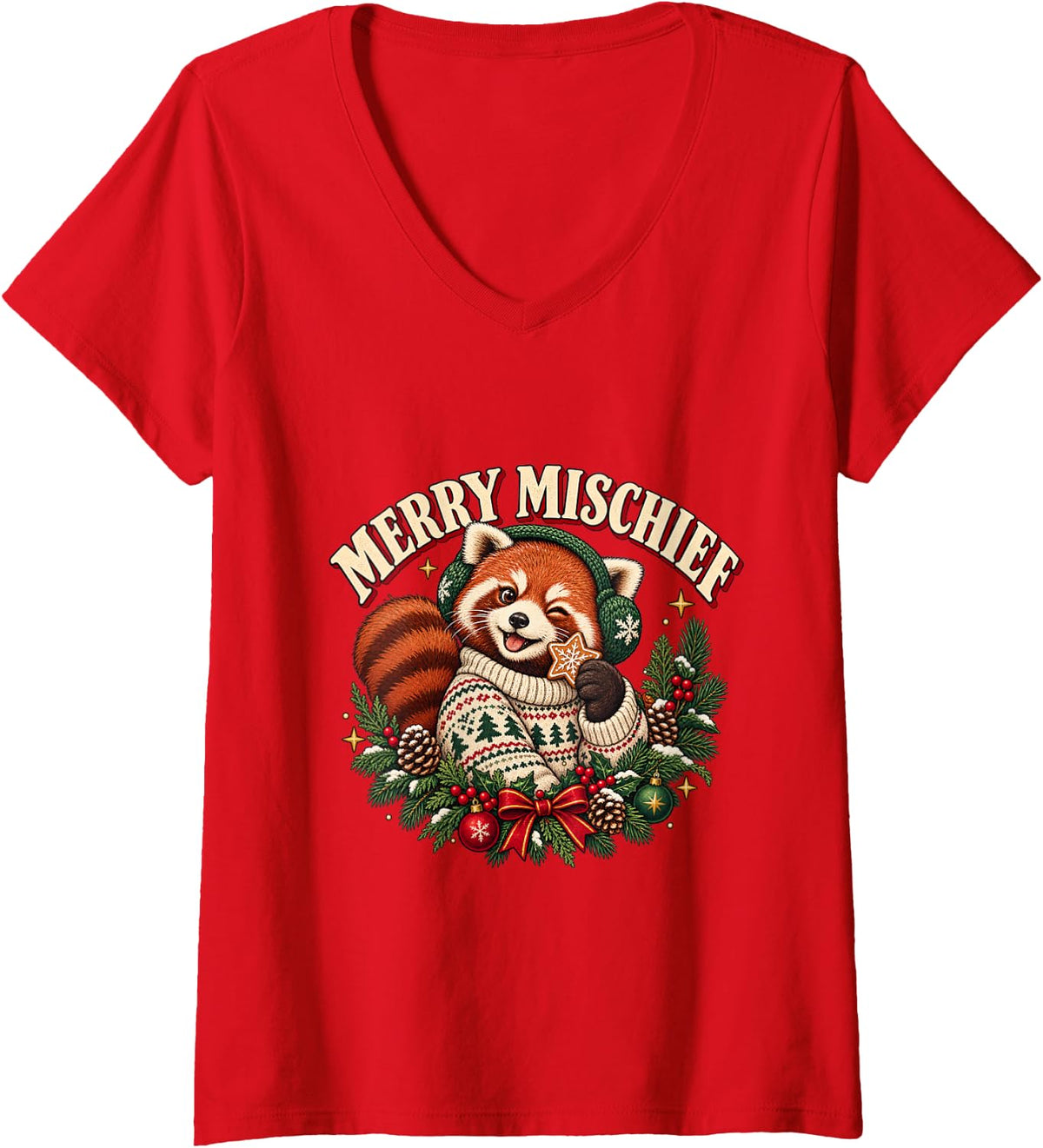 Women's Merry Mischief Red Panda Santa Claus Merry Christmas V-Neck T-Shirt - Red