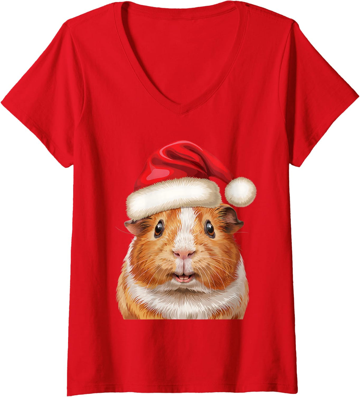 Women's Guinea Pig Santa Hat Christmas Animal Lover Men Women Kid V-Neck T-Shirt - Red