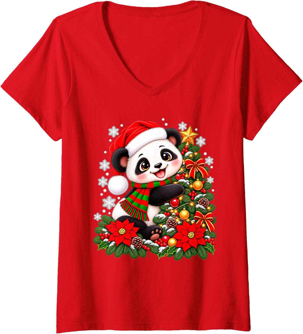 Women's Christmas Tree Panda Santa Hat Men Women Kids V-Neck T-Shirt - Red