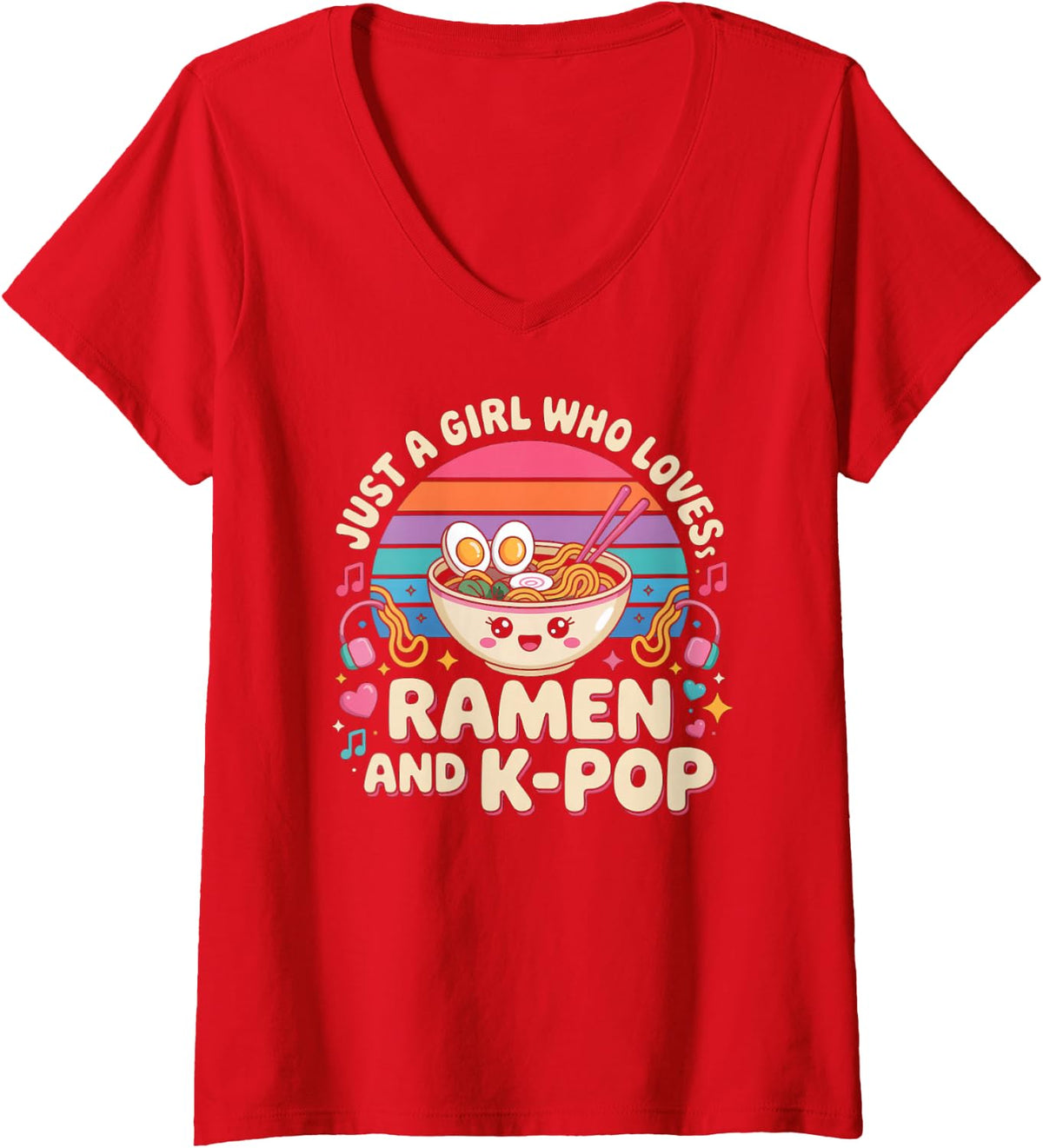 Women's Just A Girl Who Loves Ramen and K-Pop Fans V-Neck T-Shirt - Red