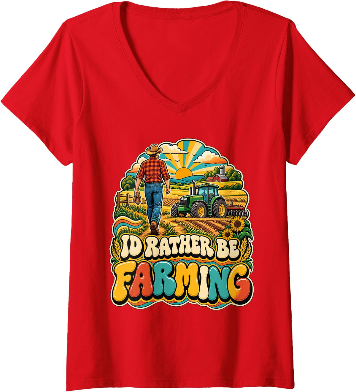 Women's I'd Rather Be Farming Funny Farmer Tractor Farm Life T-Shirt V-Neck T-Shirt - Red