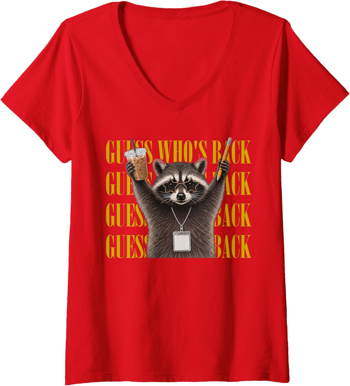 Women's Raccoon Guess Who's Back Funny Back to School Teacher V-Neck T-Shirt - Red