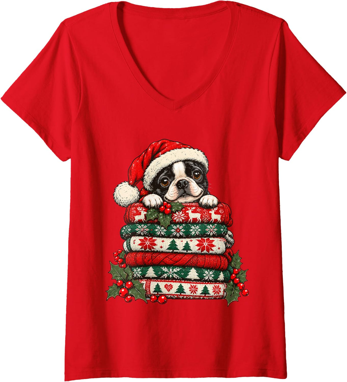 Women's Christmas Boston Terrier with Festive Sweaters Bostie Dog V-Neck T-Shirt - Red