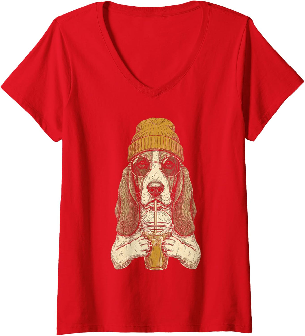 Women's Basset Hound Drinking Iced Coffee Funny Hipster Glasses V-Neck T-Shirt - Red