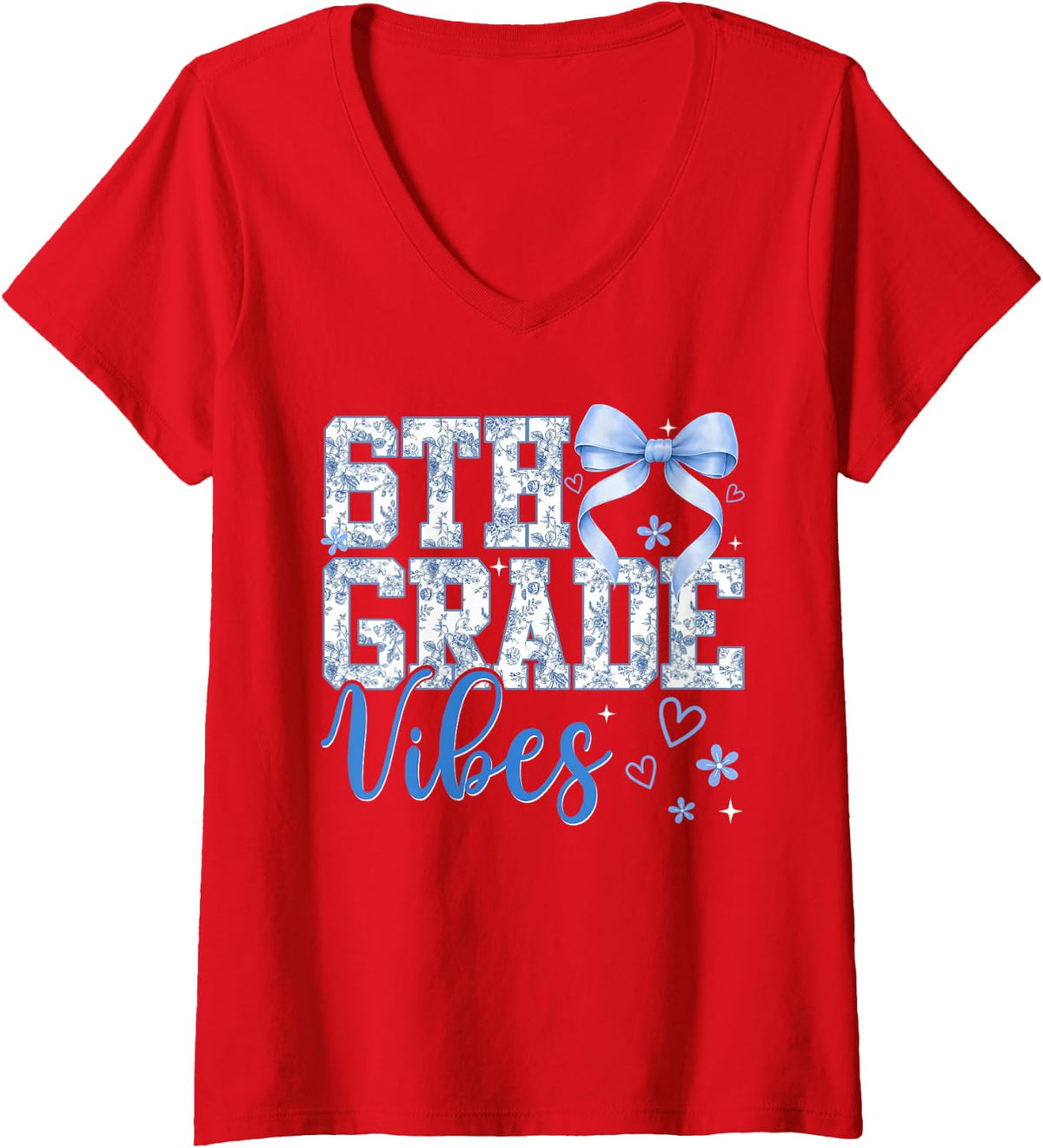 Women's 6th Grade Vibes Coquette Bow Back to School Sixth Grade V-Neck T-Shirt - Red