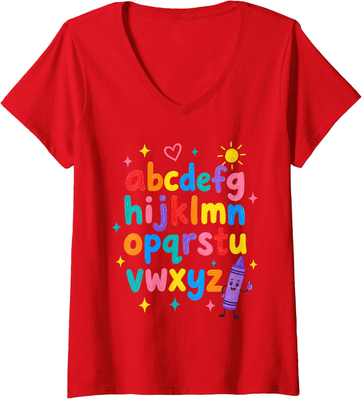 Women's ABC Alphabet Lowercase Crayon Kindergarten Teacher V-Neck T-Shirt - Red