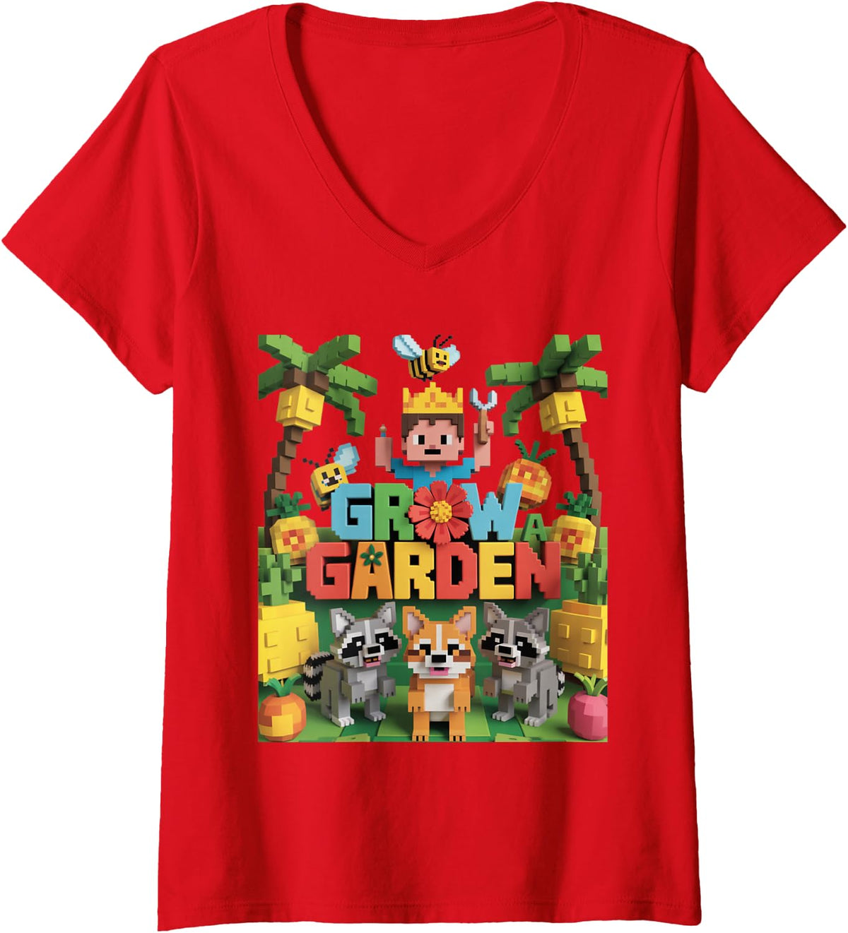 Women's Grow a Garden – Pixel Animal Farm Adventure V-Neck T-Shirt - Red