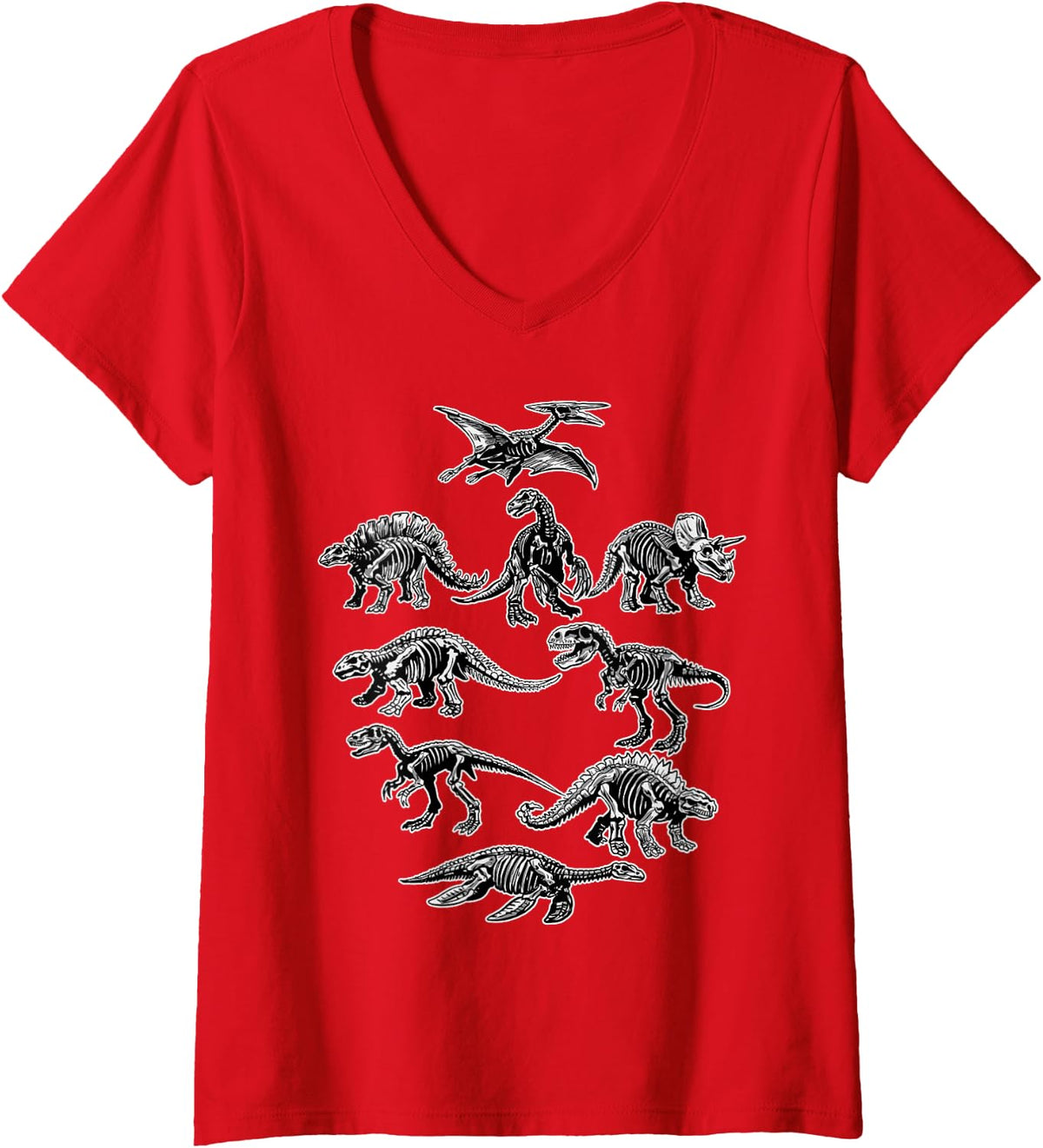 Women's Dinosaur Skeleton Fossil Dino Bones Paleontology Prehistoric V-Neck T-Shirt - Red