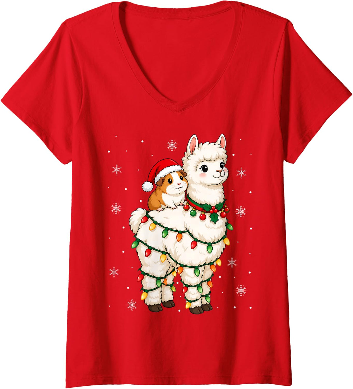 Women's Festive Santa Guinea Pig Alpaca Christmas Lights Holiday V-Neck T-Shirt - Red