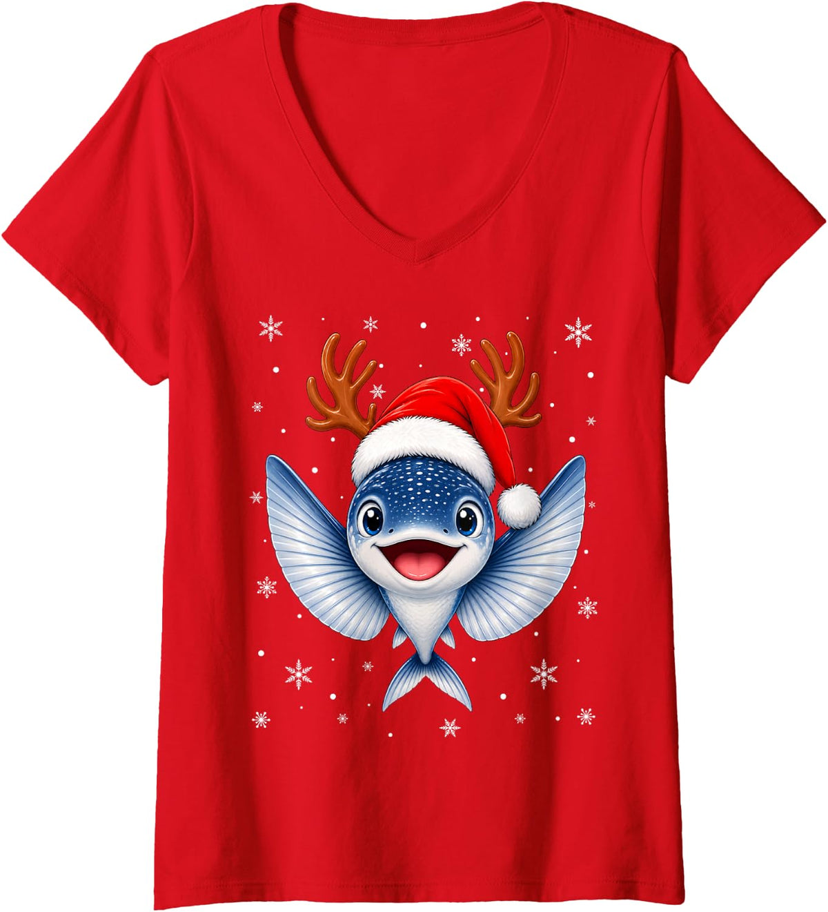 Women's Cute Reindeer Horn Santa Flying Fish Christmas V-Neck T-Shirt - Red