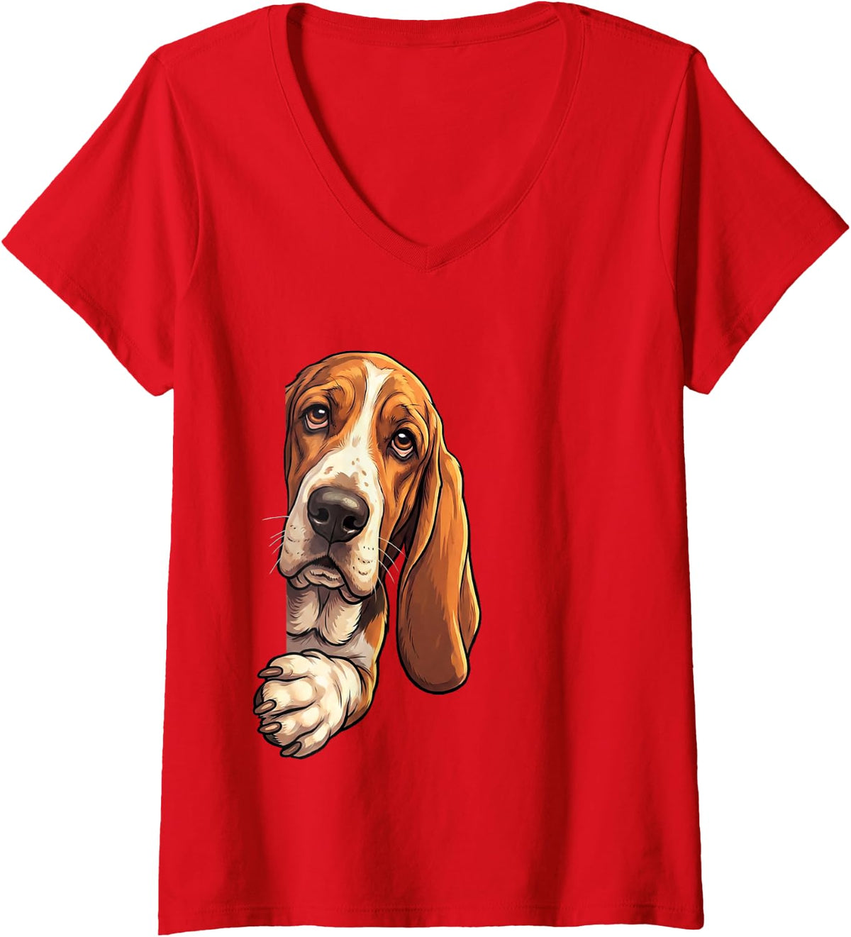 Women's Funny Basset Hound Peeking from Side Dog Owner V-Neck T-Shirt - Red