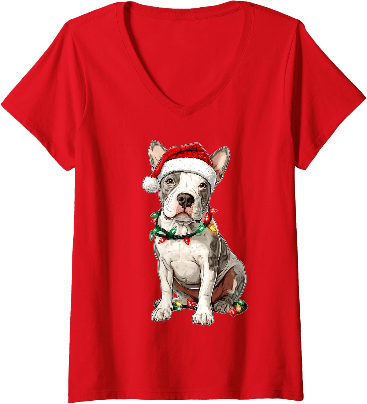 Women's Cute American Bull Terrier Dog Christmas Hat Xmas V-Neck T-Shirt - Red