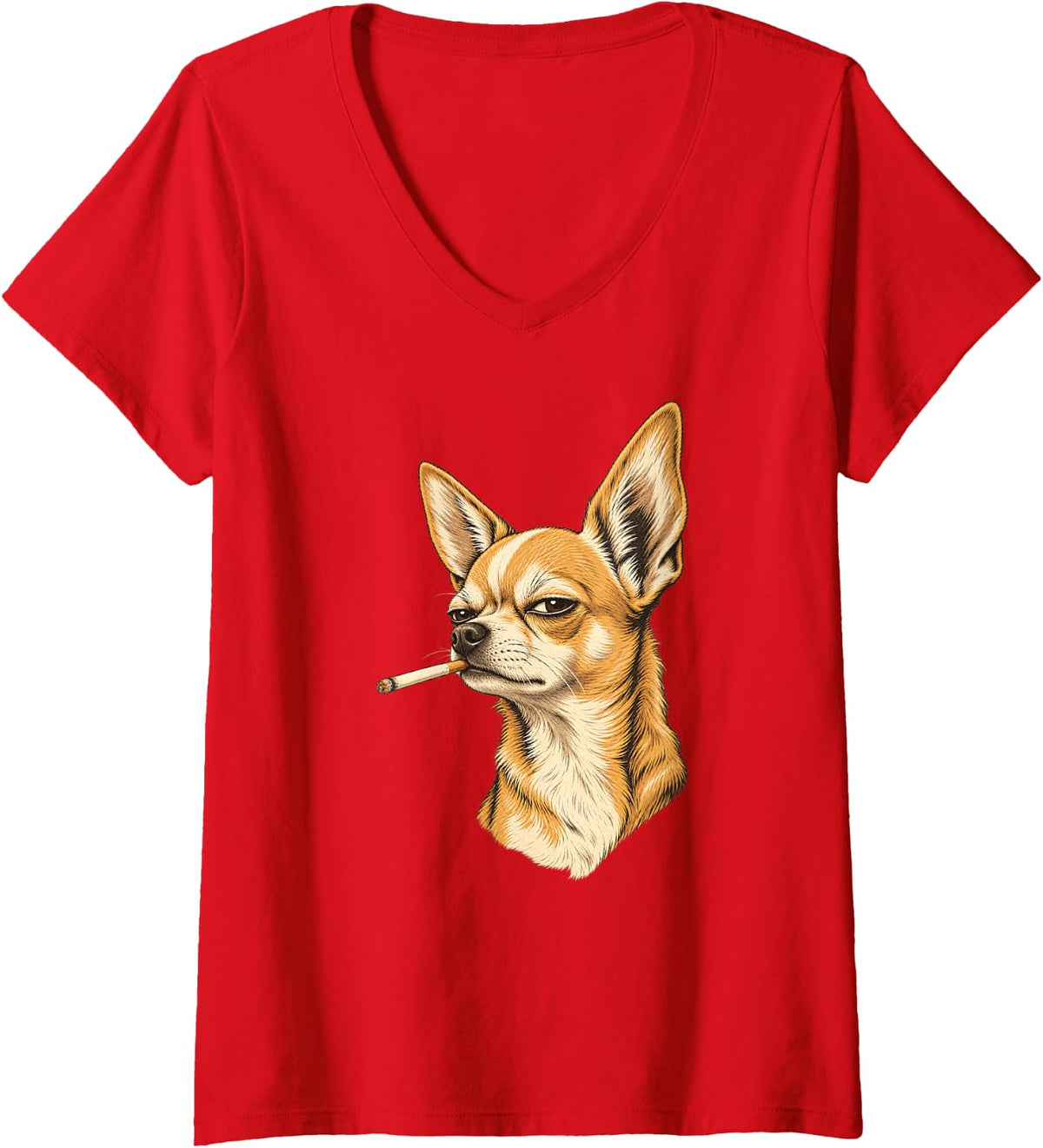 Women's Funny Smoking Chihuahua Dog with Cigarette V-Neck T-Shirt - Red