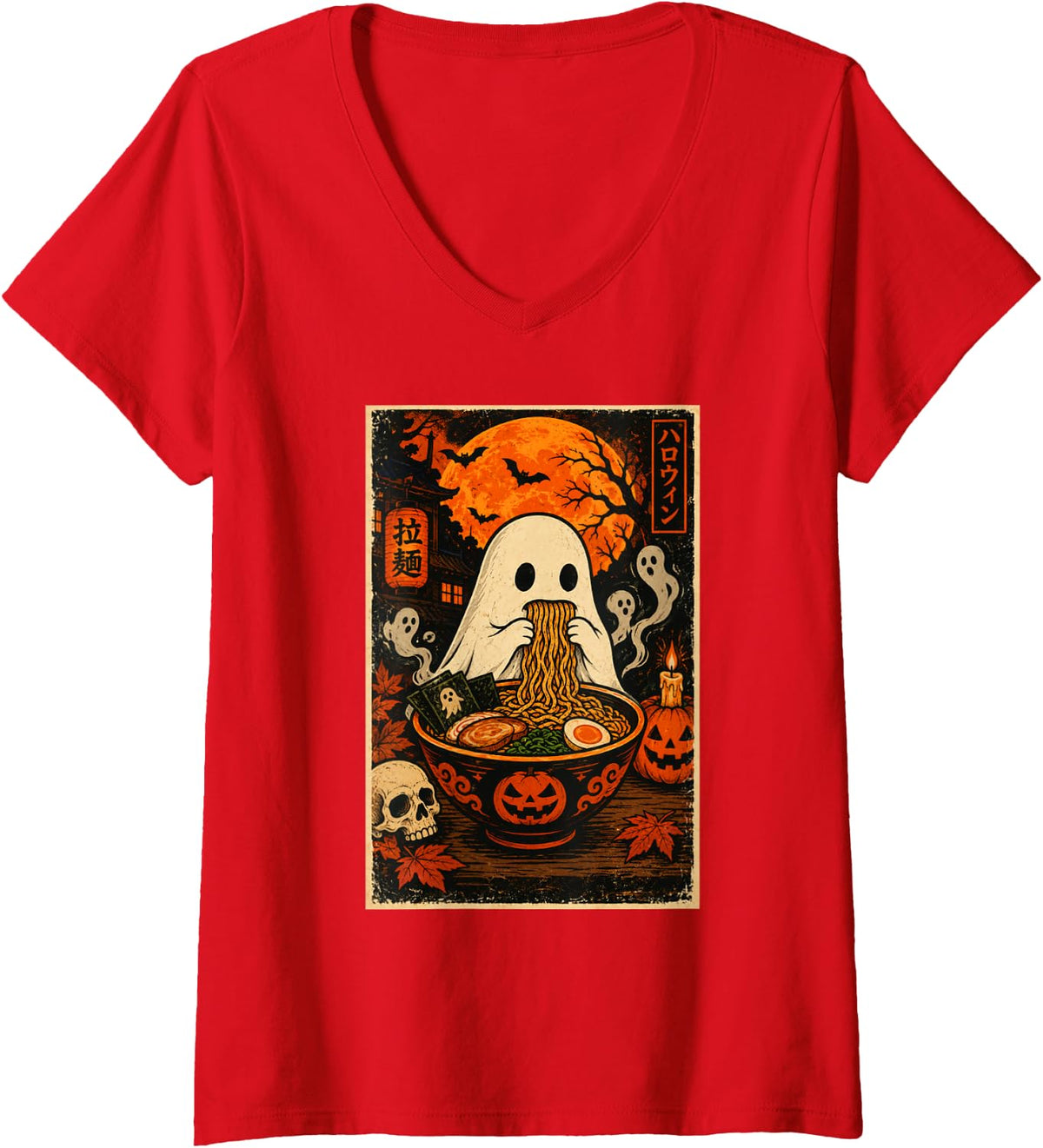 Women's Kawaii Ghost Eating Ramen Noodles Japanese Halloween V-Neck T-Shirt - Red