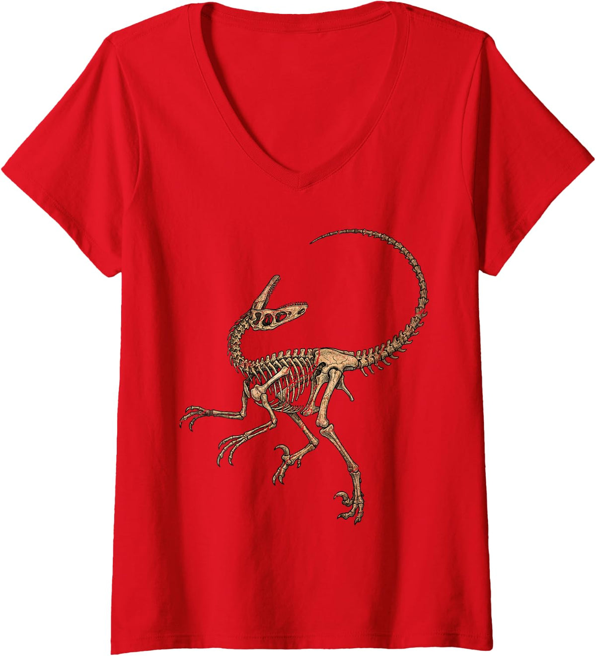 Women's Velociraptor Dinosaur Skeleton Fossil Bones Paleontology V-Neck T-Shirt - Red