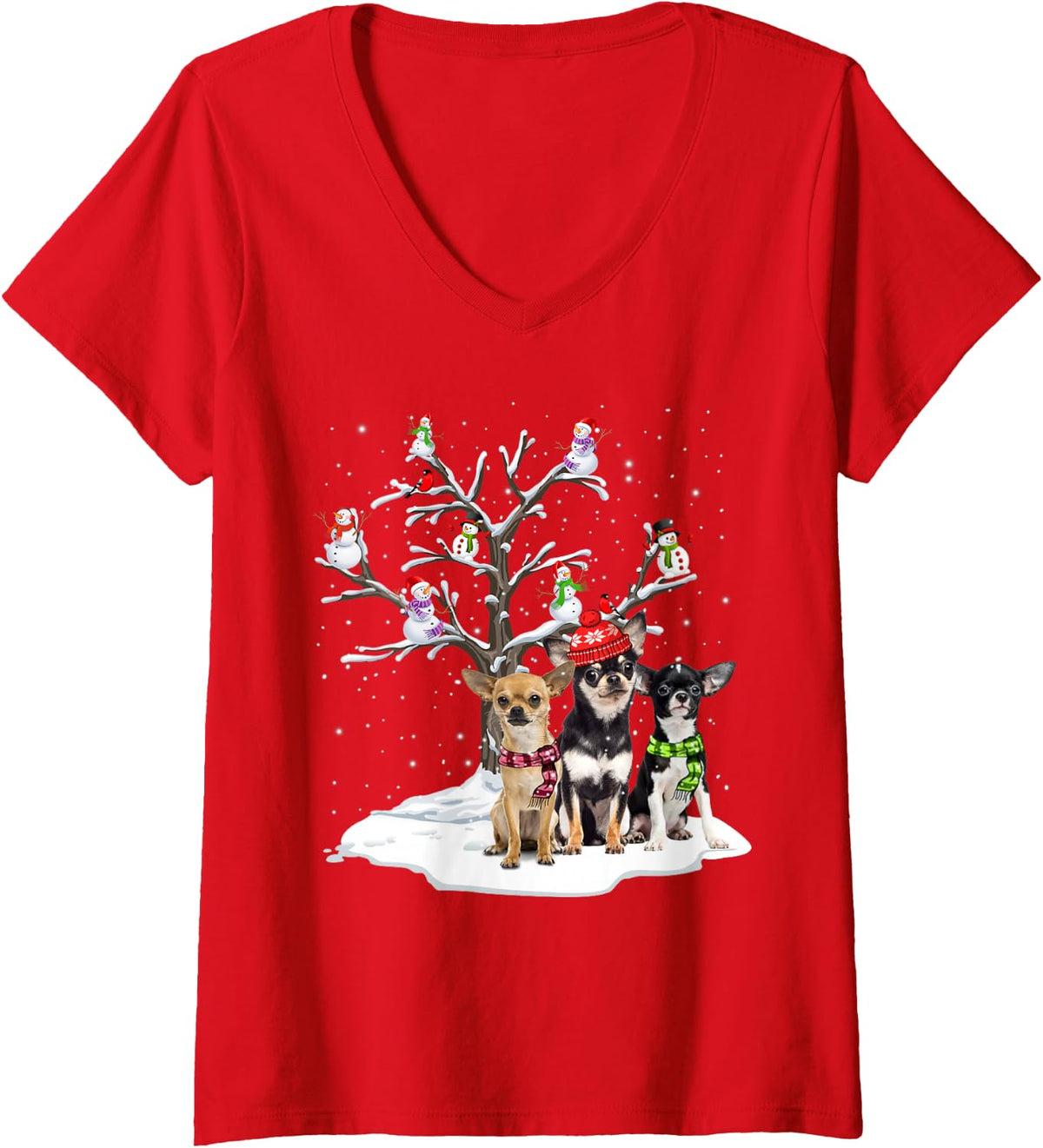 Women's Chihuahua Christmas Snow Tree Snow Man Funny Dog Lover Gift V-Neck T-Shirt - Red