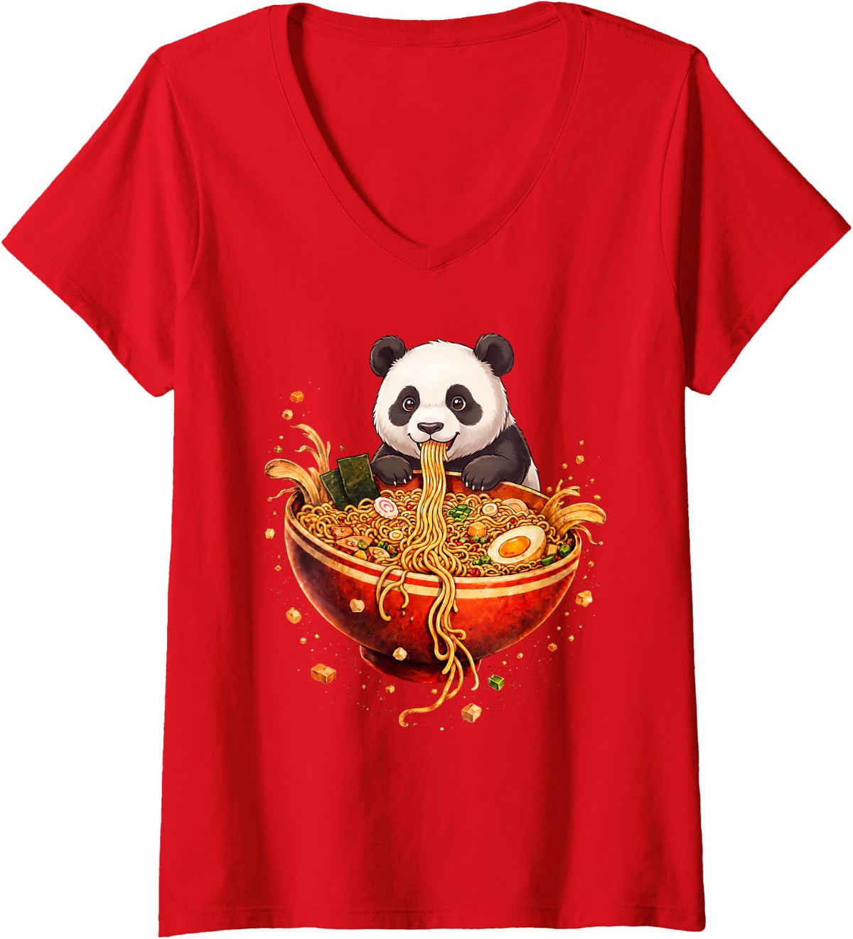 Women's Panda Bear Ramen Japanese Art Funny Anime Graphic Tee Kawaii V-Neck T-Shirt - Red