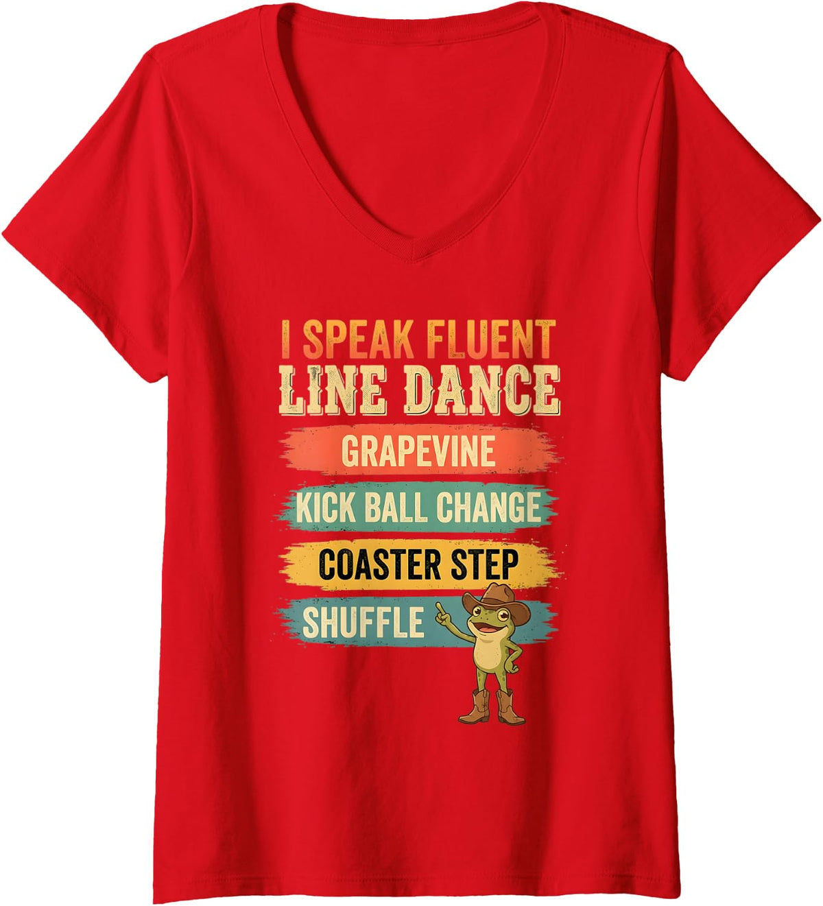 Women's Line Dancer Frog Line Dance Line Dancing V-Neck T-Shirt - Red
