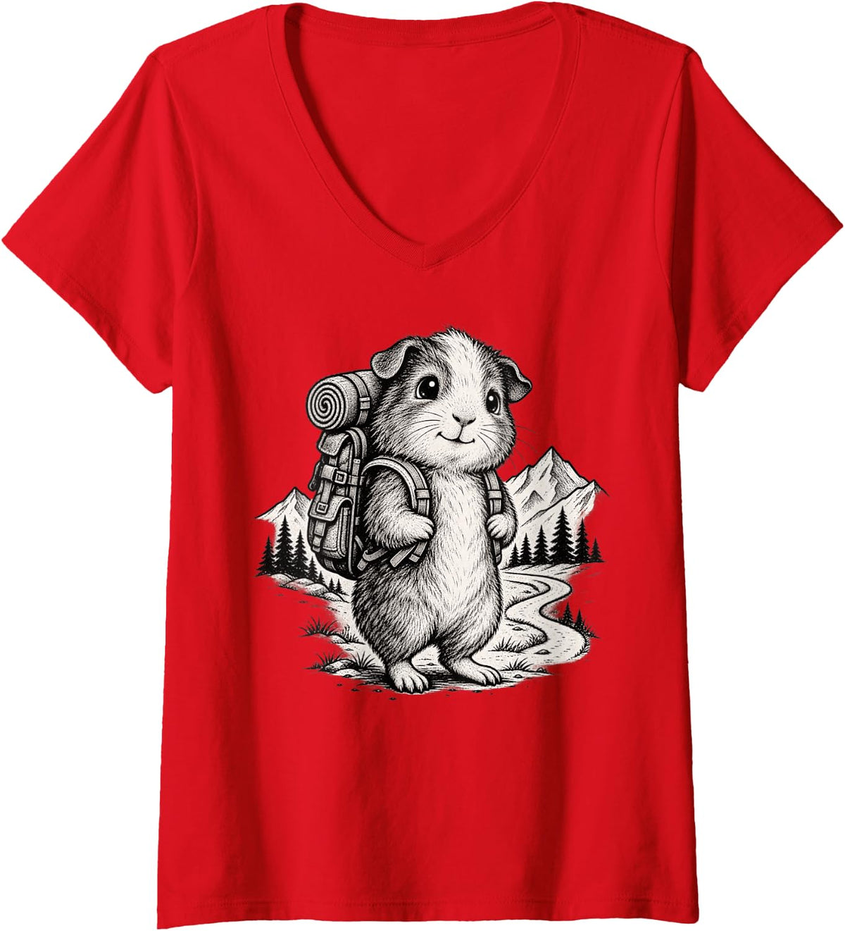 Women's Hiking Lover Humor Outdoor Backpacking Trail Guinea Pig Hike V-Neck T-Shirt - Red