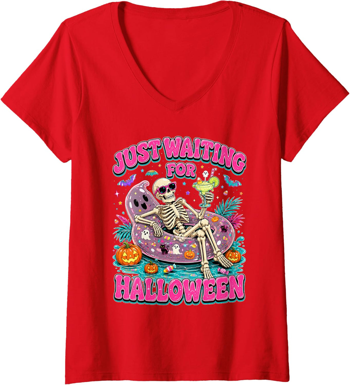 Women's Pink Spooky Season Funny Skeleton Just Waiting for Halloween V-Neck T-Shirt - Red