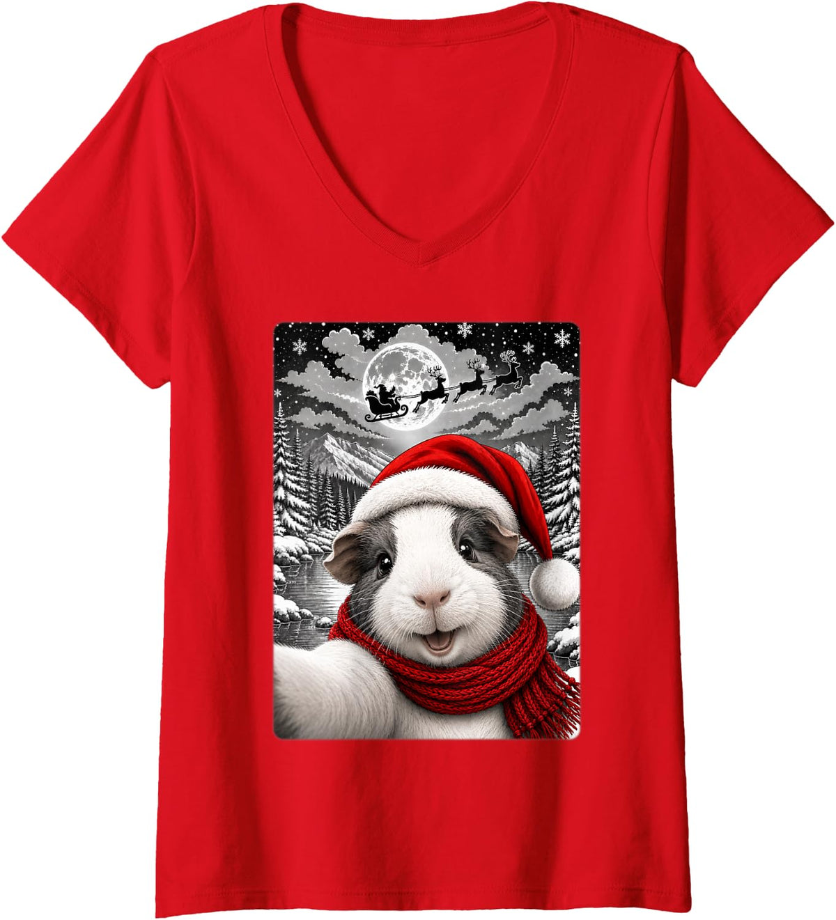 Women's Festive Santa Hat Cutie Guinea Pig Christmas Selfie Fun V-Neck T-Shirt - Red