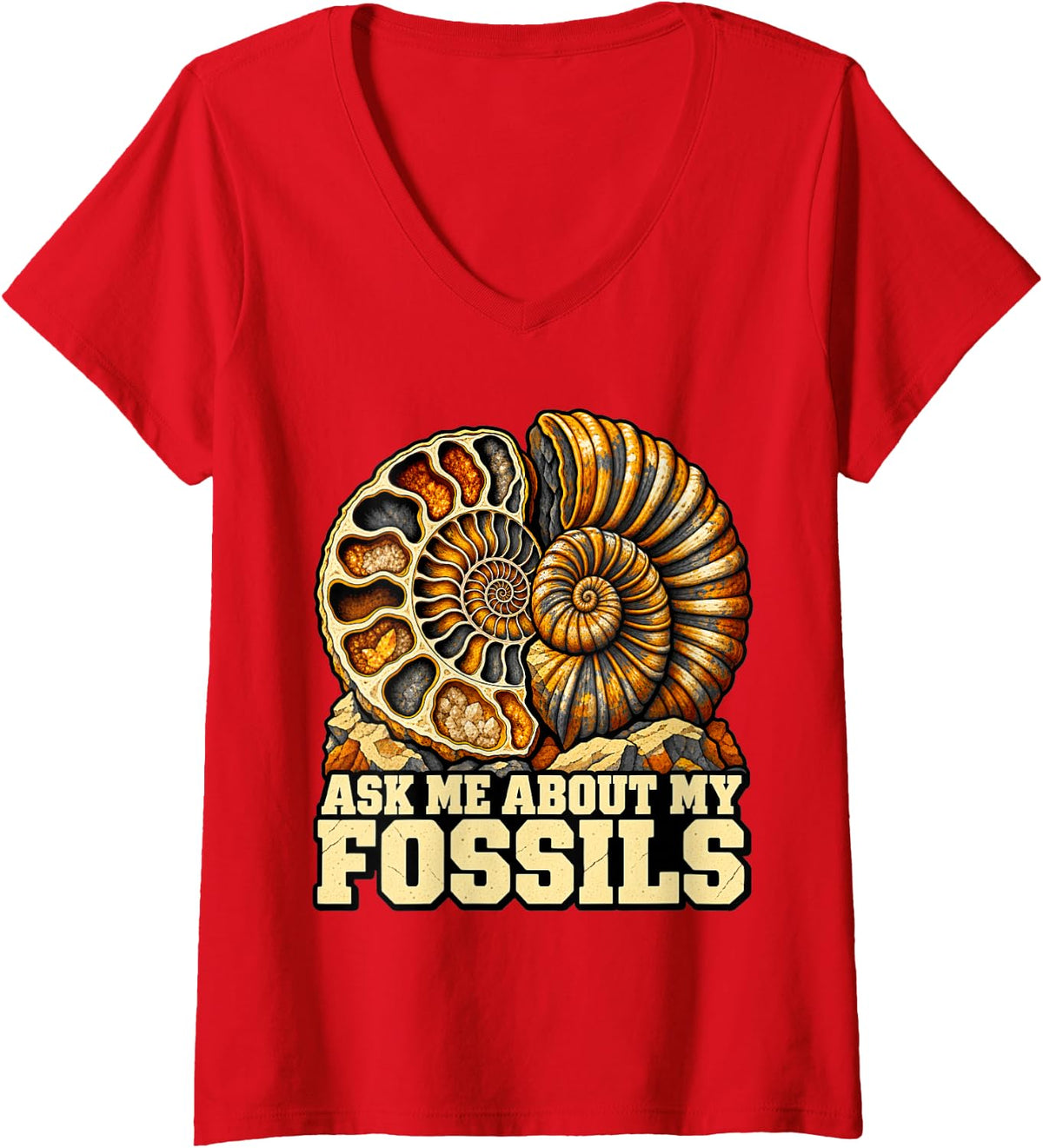 Women's Paleontology Ask Me About My Fossils Hunter Ammonite Fans V-Neck T-Shirt - Red