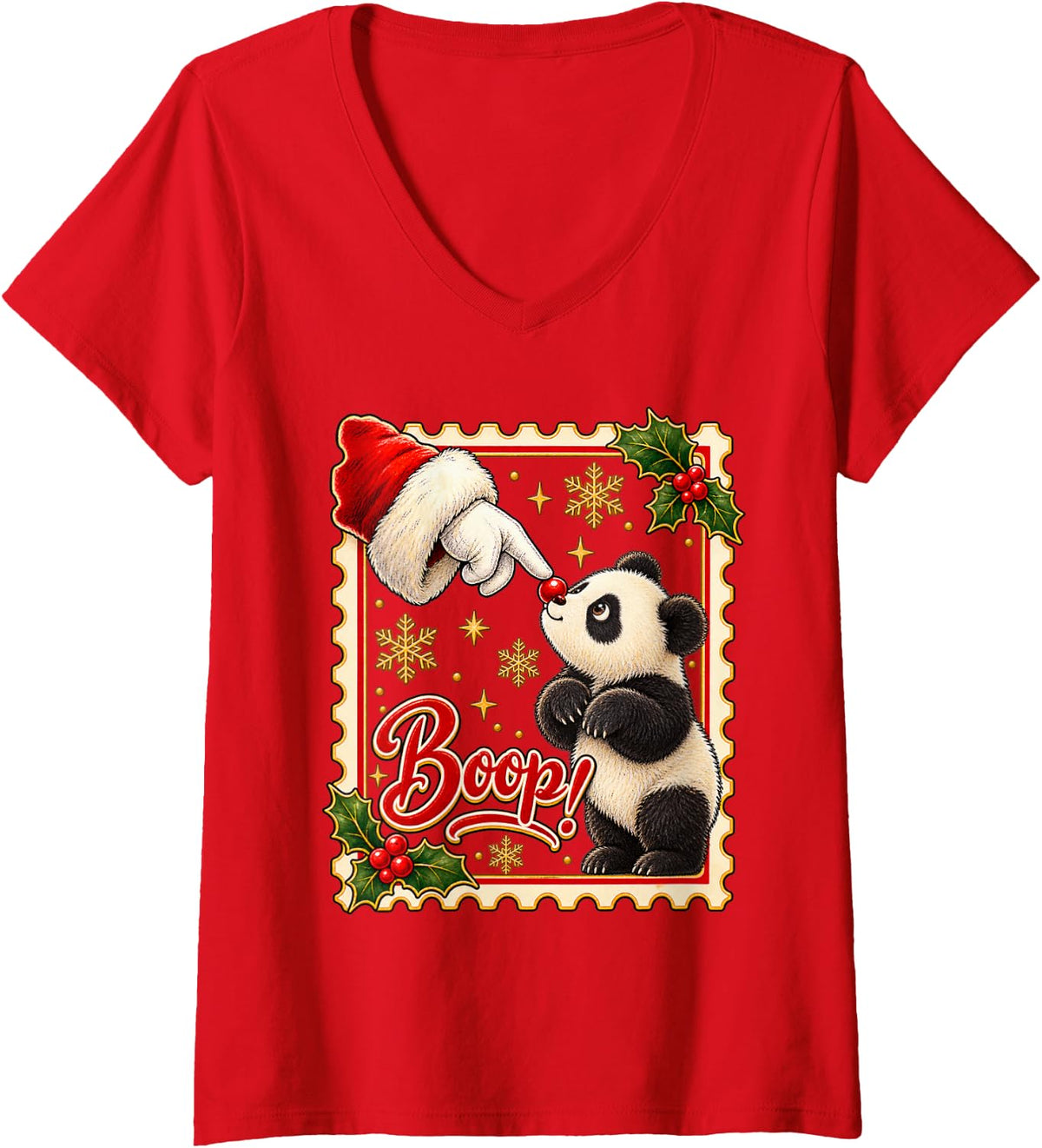 Women's Boop! Panda Playful Christmas Nose Boop V-Neck T-Shirt - Red