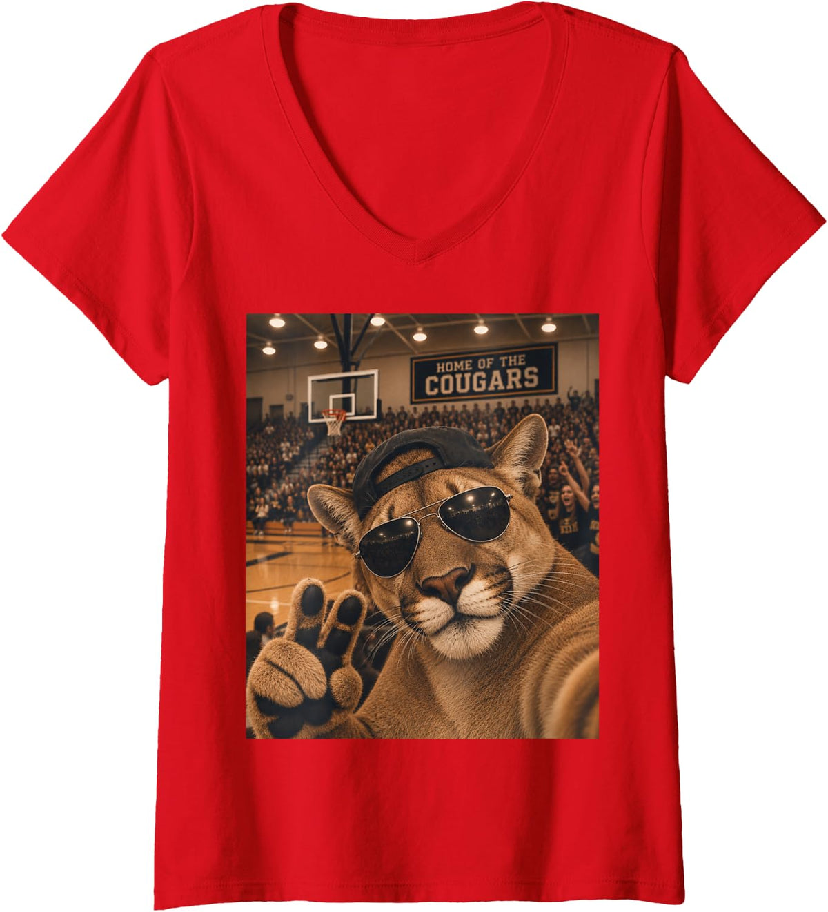 Women's Cougar Selfie Funny Basketball Vintage Game Day Cool Mascot V-Neck T-Shirt - Red