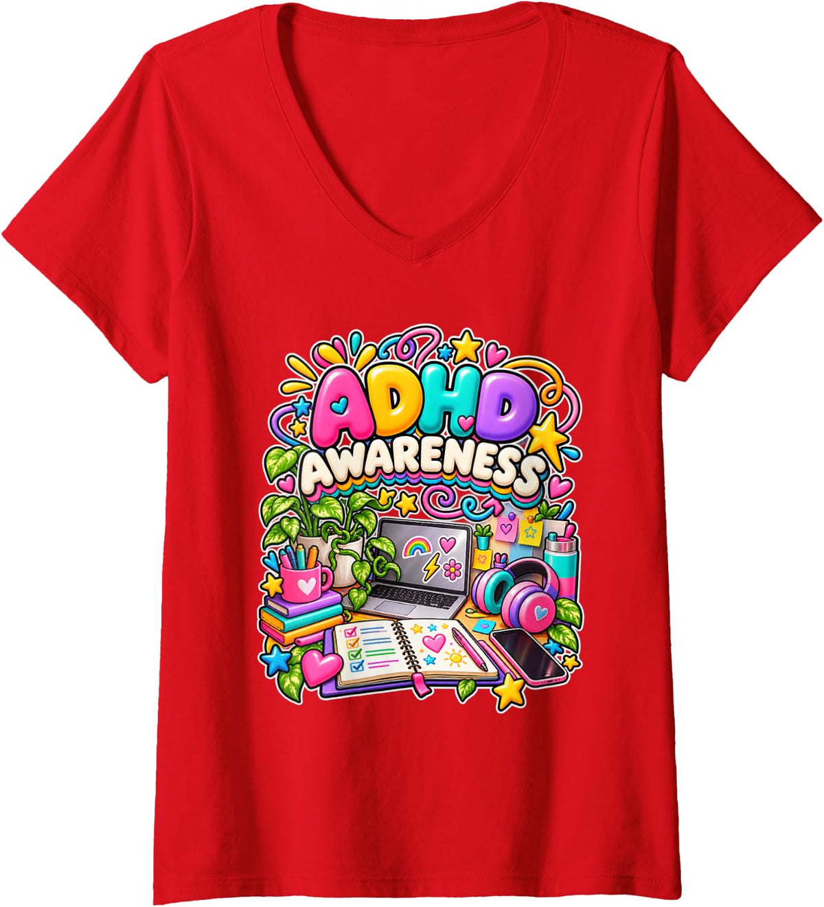 Women's ADHD Awareness Neurodivergent Support Warrior Advocate V-Neck T-Shirt - Red