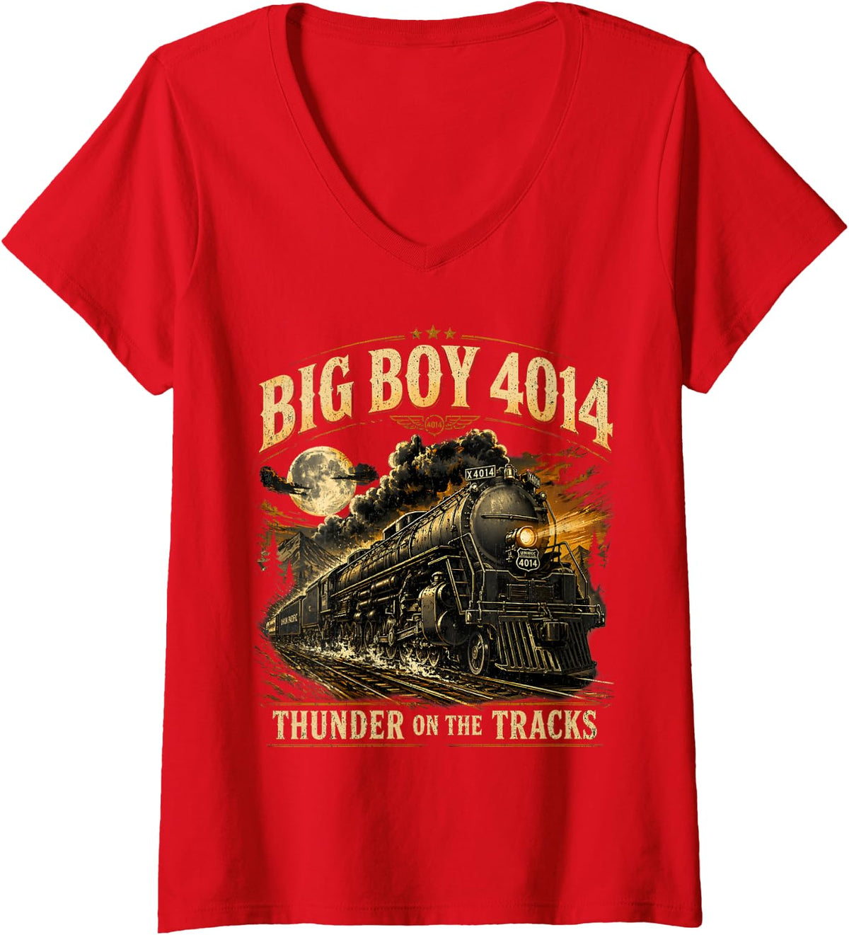 Women's Big Boy 4014 Vintage Steam Locomotive Retro Tee V-Neck T-Shirt - Red