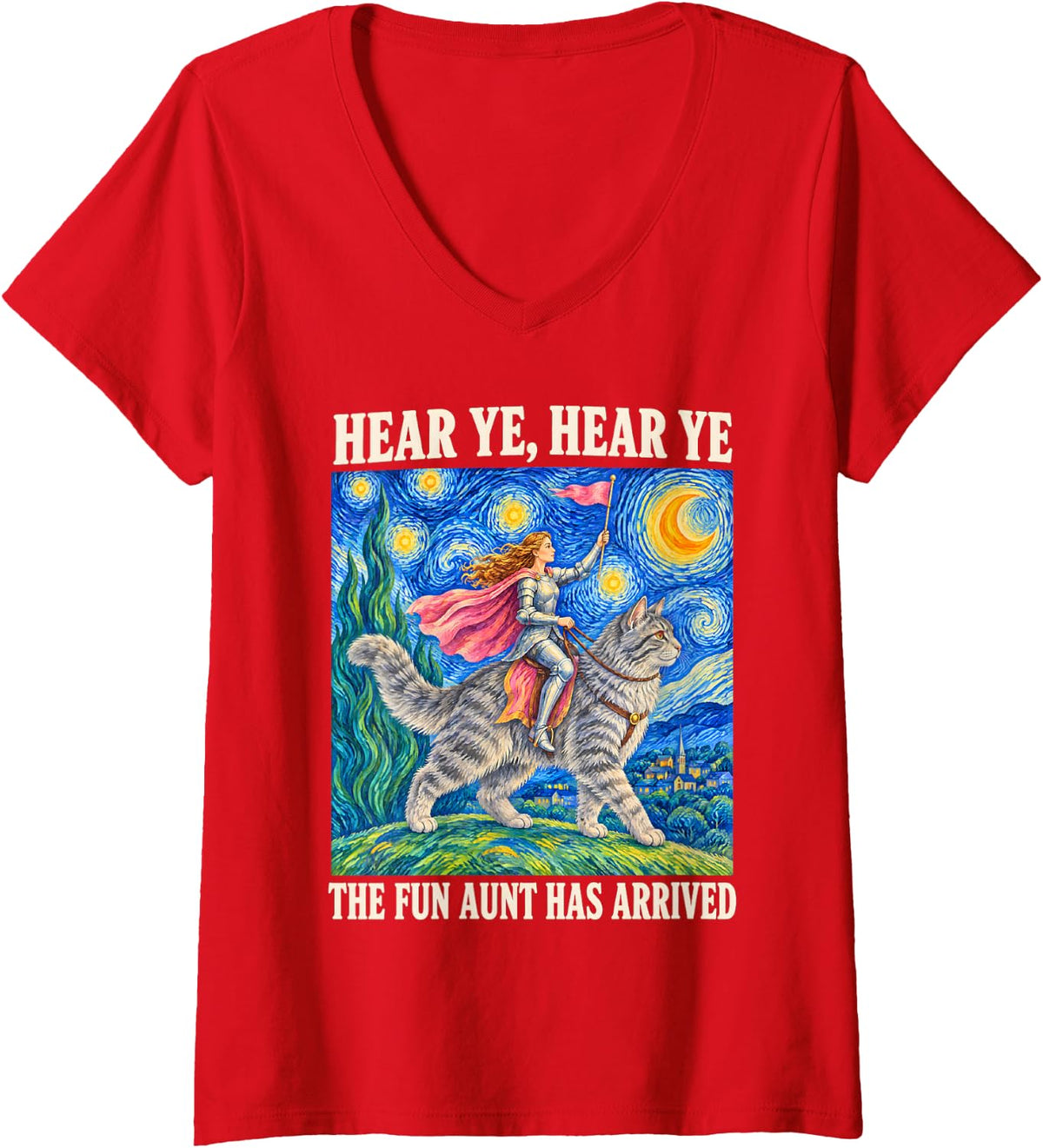 Women's Hear Ye The Fun Aunt Has Arrived Knight Cat Feral Aunt V-Neck T-Shirt - Red