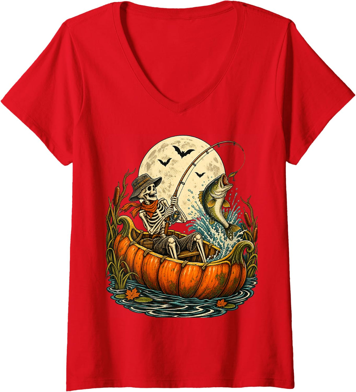 Women's Skeleton Fisherman Pumpkin Boat Halloween Bass Fishing V-Neck T-Shirt - Red
