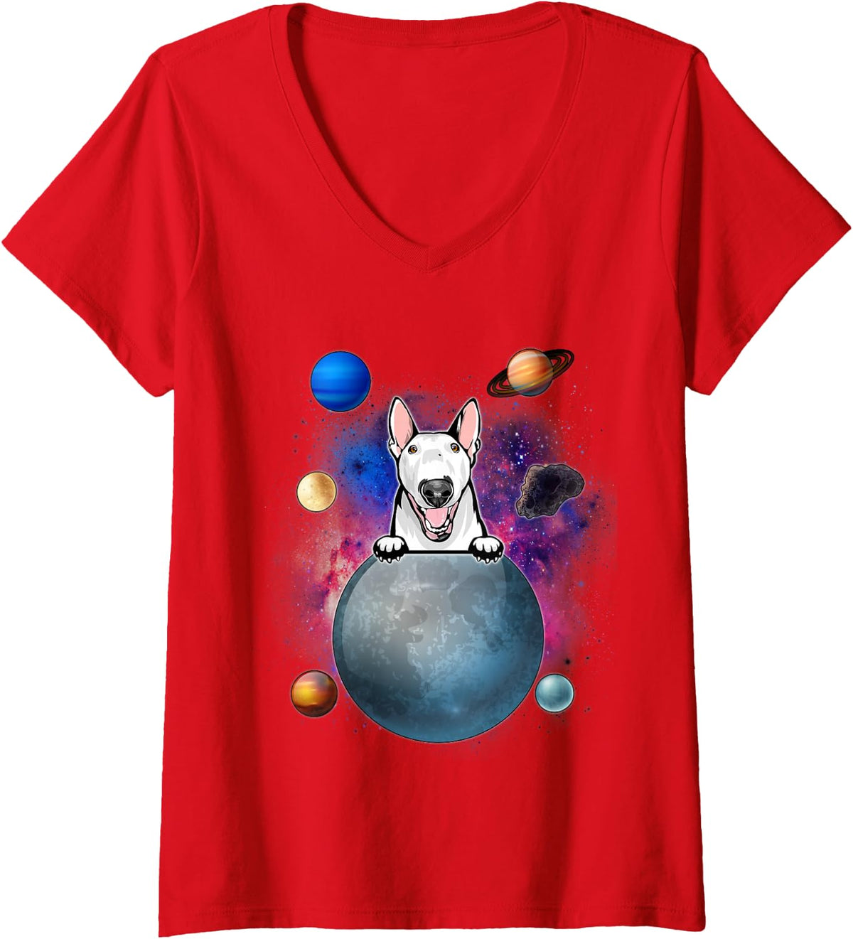 Women's Bull Terrier On The Moon Galaxy Funny Puppy Spcae Dog Lover V-Neck T-Shirt - Red
