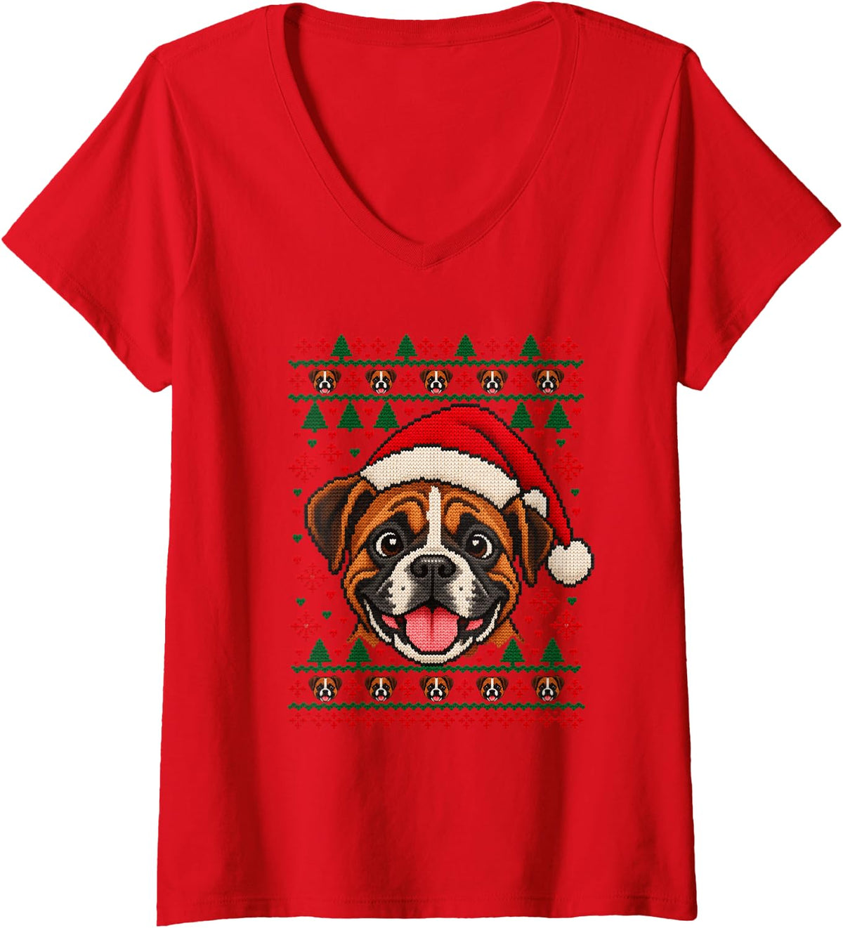Women's Happy Boxer Christmas Santa Hat Sweater Men Women V-Neck T-Shirt - Red