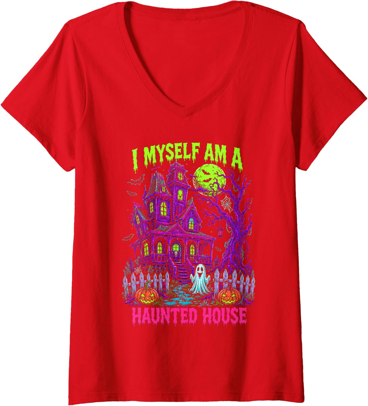Women's Halloween Vibes Spooky Season I Myself Am Haunted A House V-Neck T-Shirt - Red