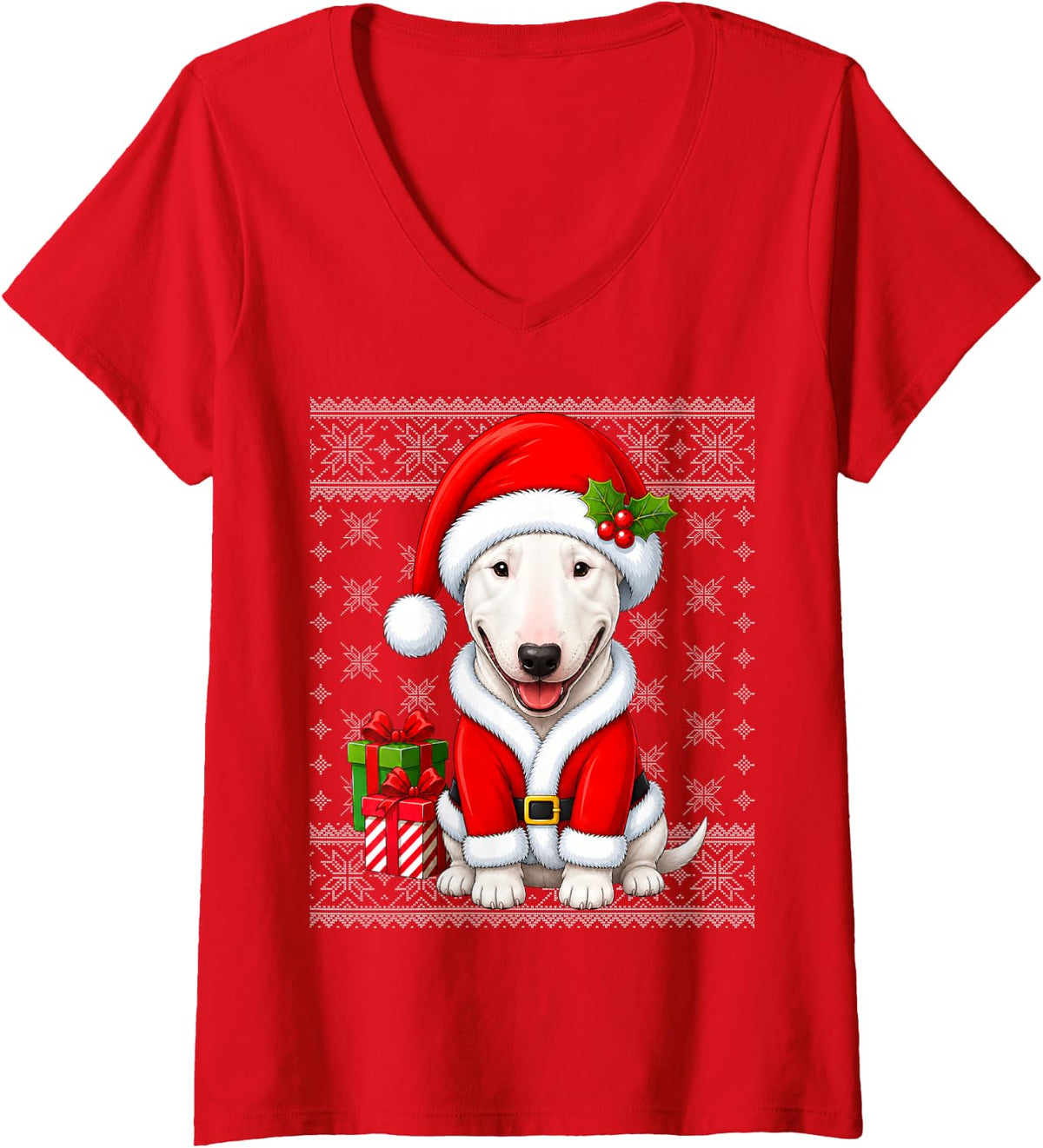 Women's Bull Terrier Dog in Christmas Santa Costume Ugly Xmas V-Neck T-Shirt - Red