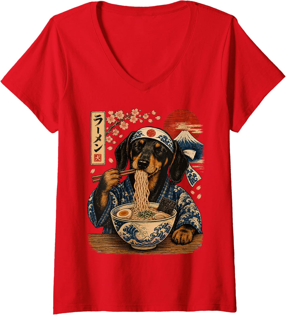 Women's Dachshund Dog Eating Ramen Japanese Wiener Dog V-Neck T-Shirt - Red