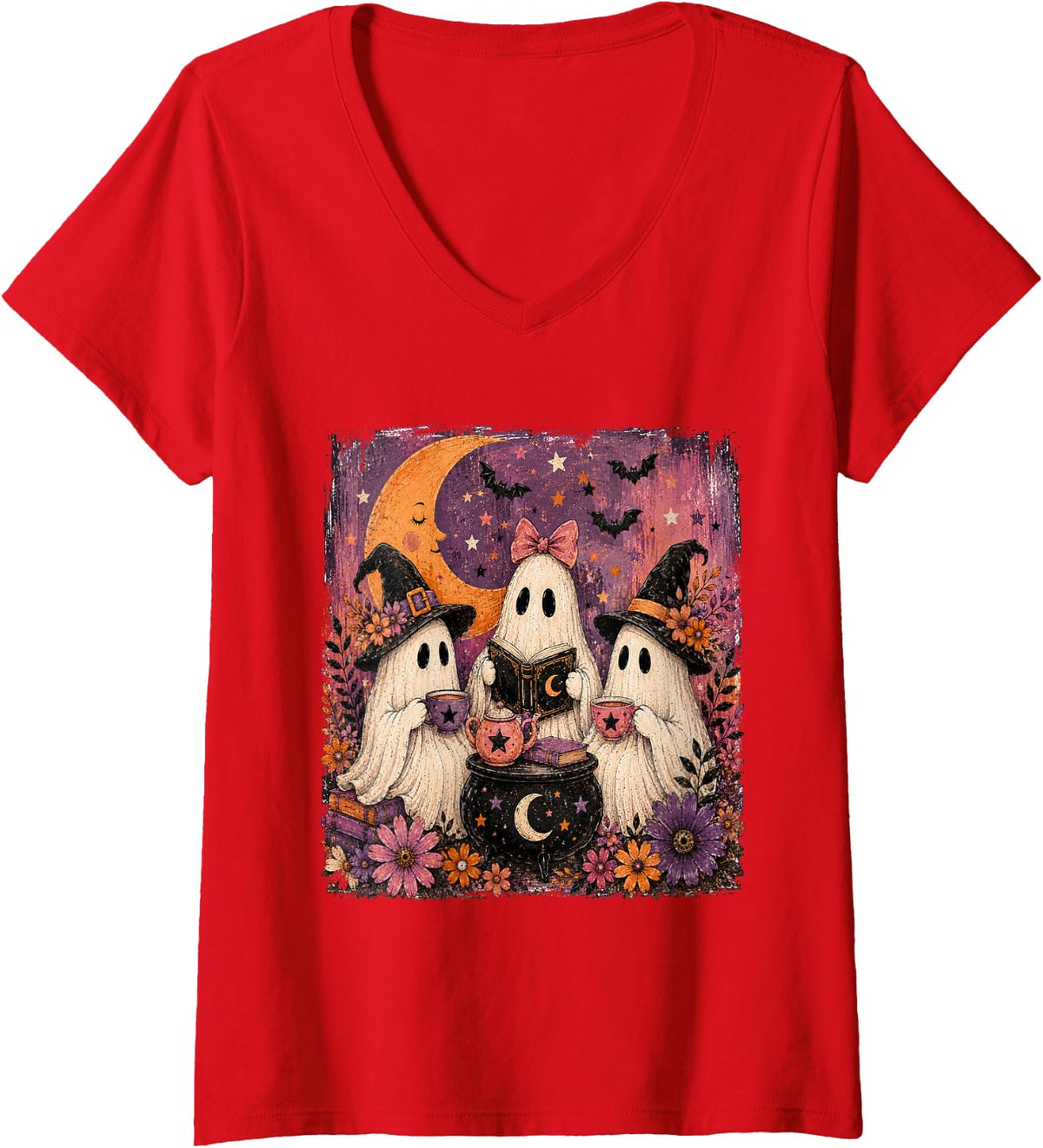 Women's Floral Spooky Season Witchy Tea Party Cute Ghost Halloween V-Neck T-Shirt - Red