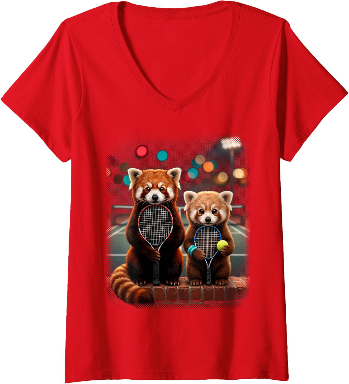 Women's Mommy and Me Matching Tennis Outfits Red Panda Graphic V-Neck T-Shirt - Red