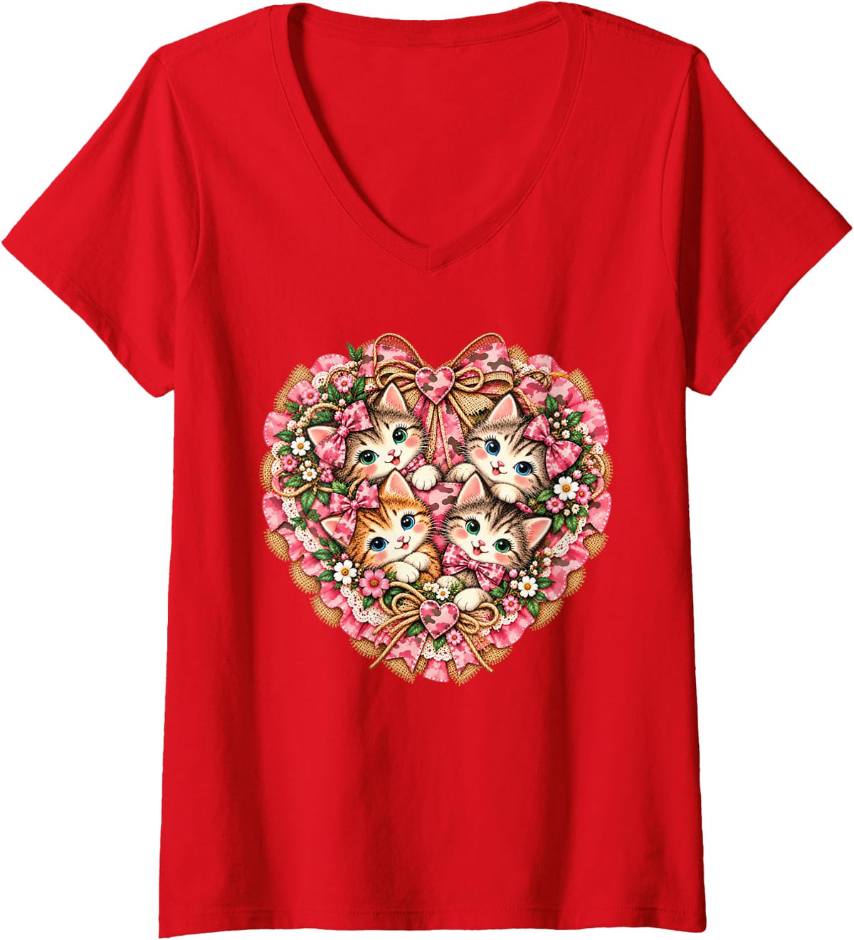 Women's Cute Vintage Kitten in Camo Heart Pink Camoflauge Cat V-Neck T-Shirt - Red