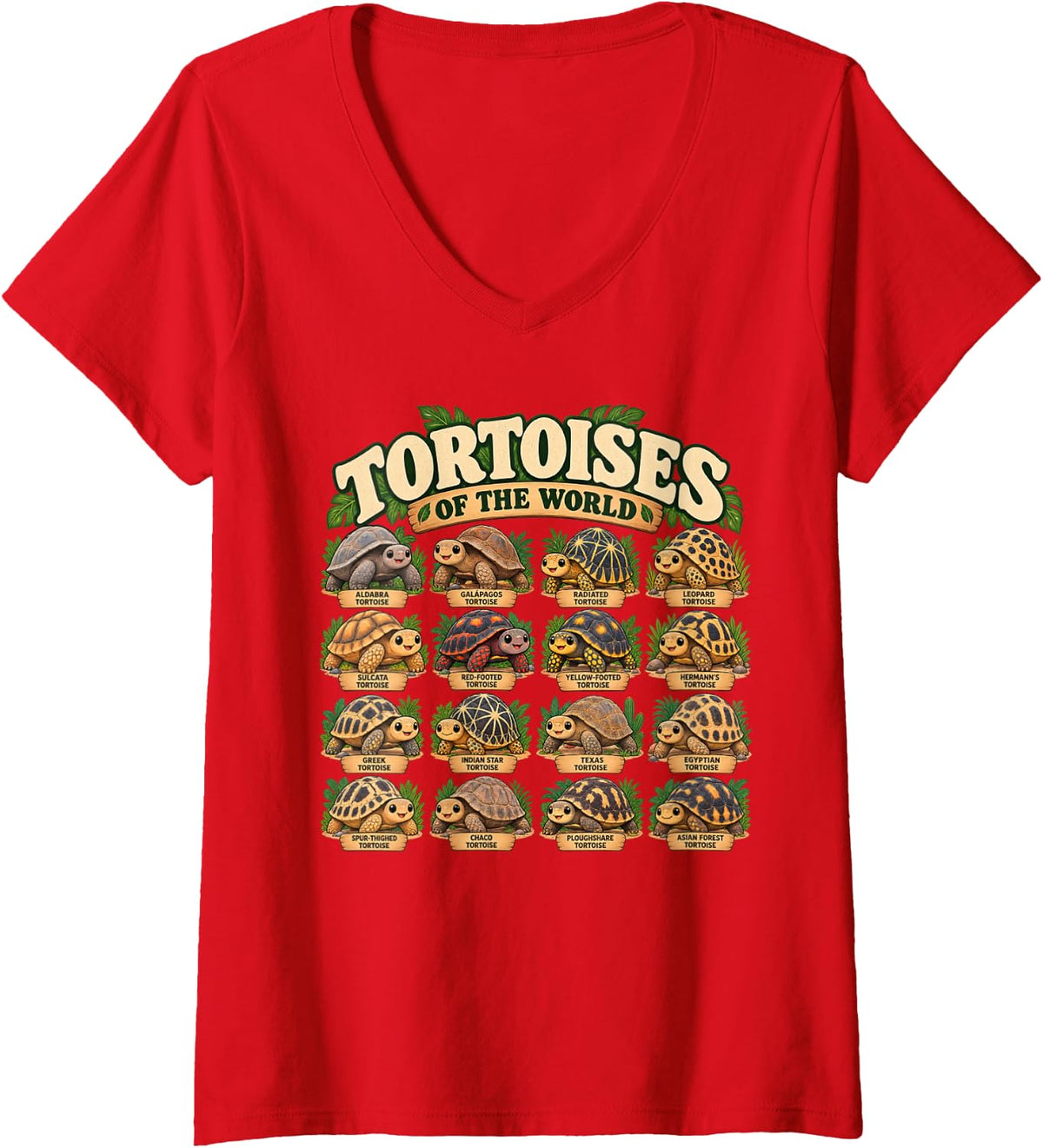 Women's Tortoises of The World Kawaii Reptile Species V-Neck T-Shirt - Red